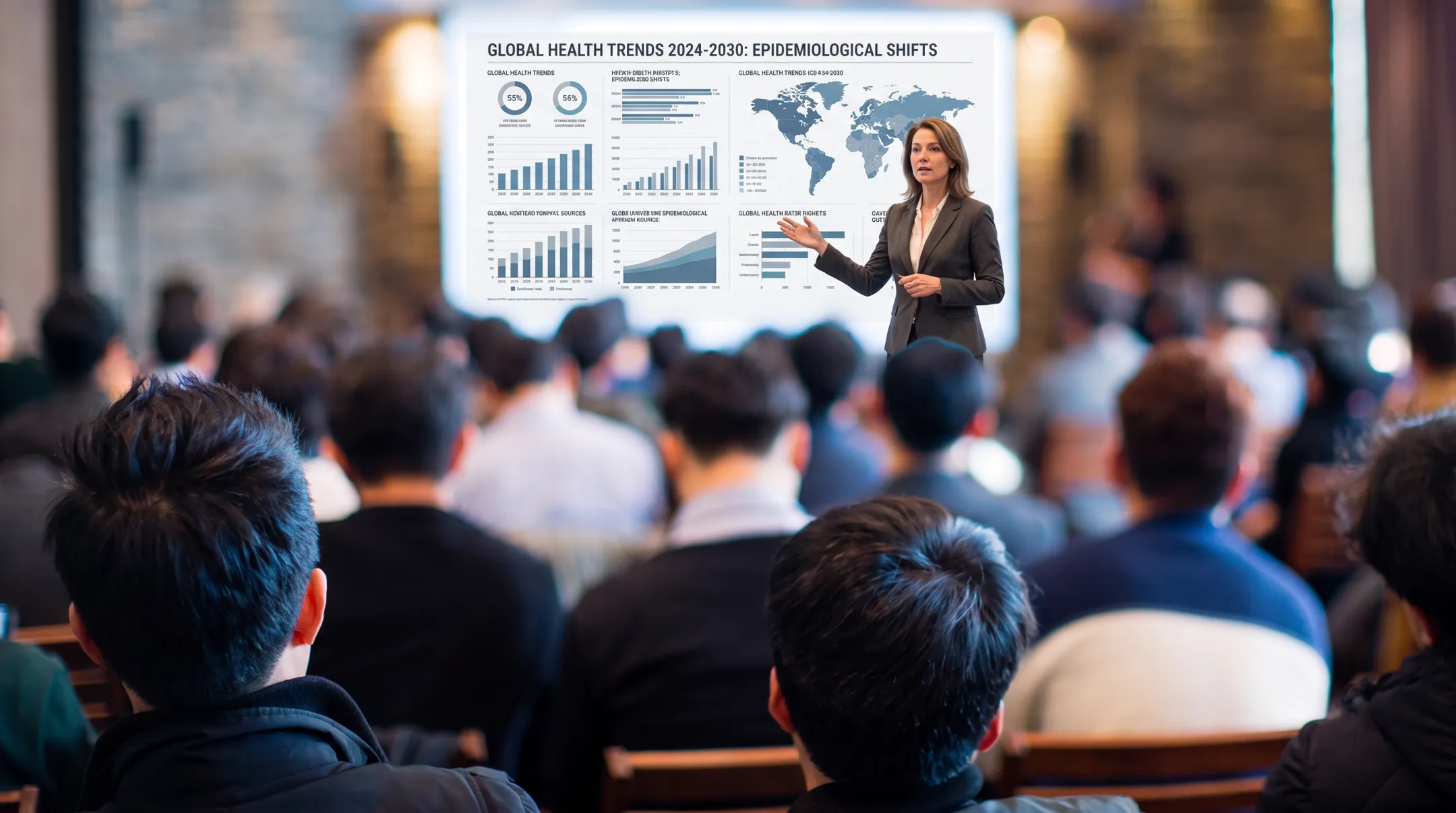 Public health keynote speaker presenting infectious disease data to conference audience