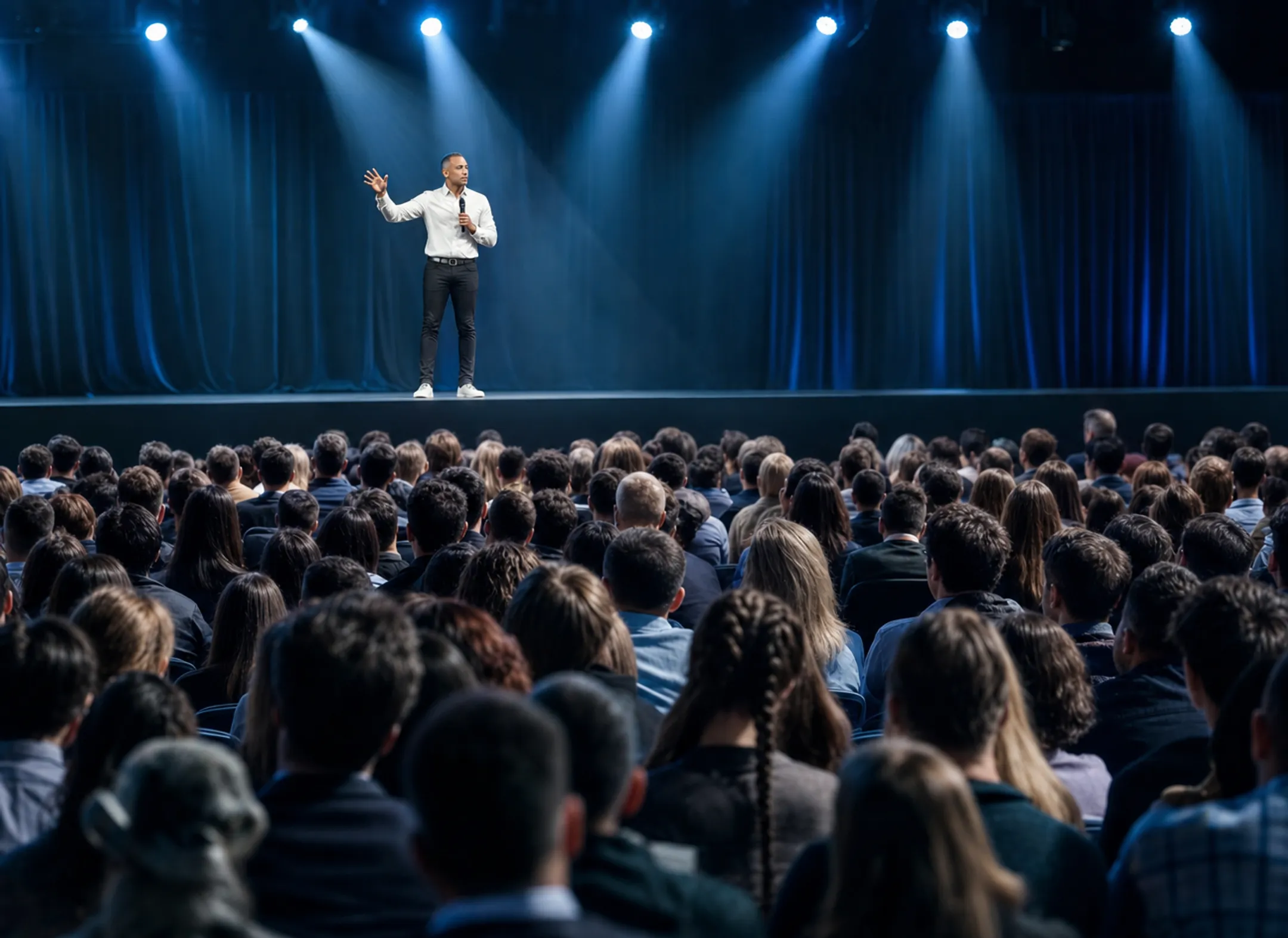Corporate keynote speaker addressing large audience at major business conference