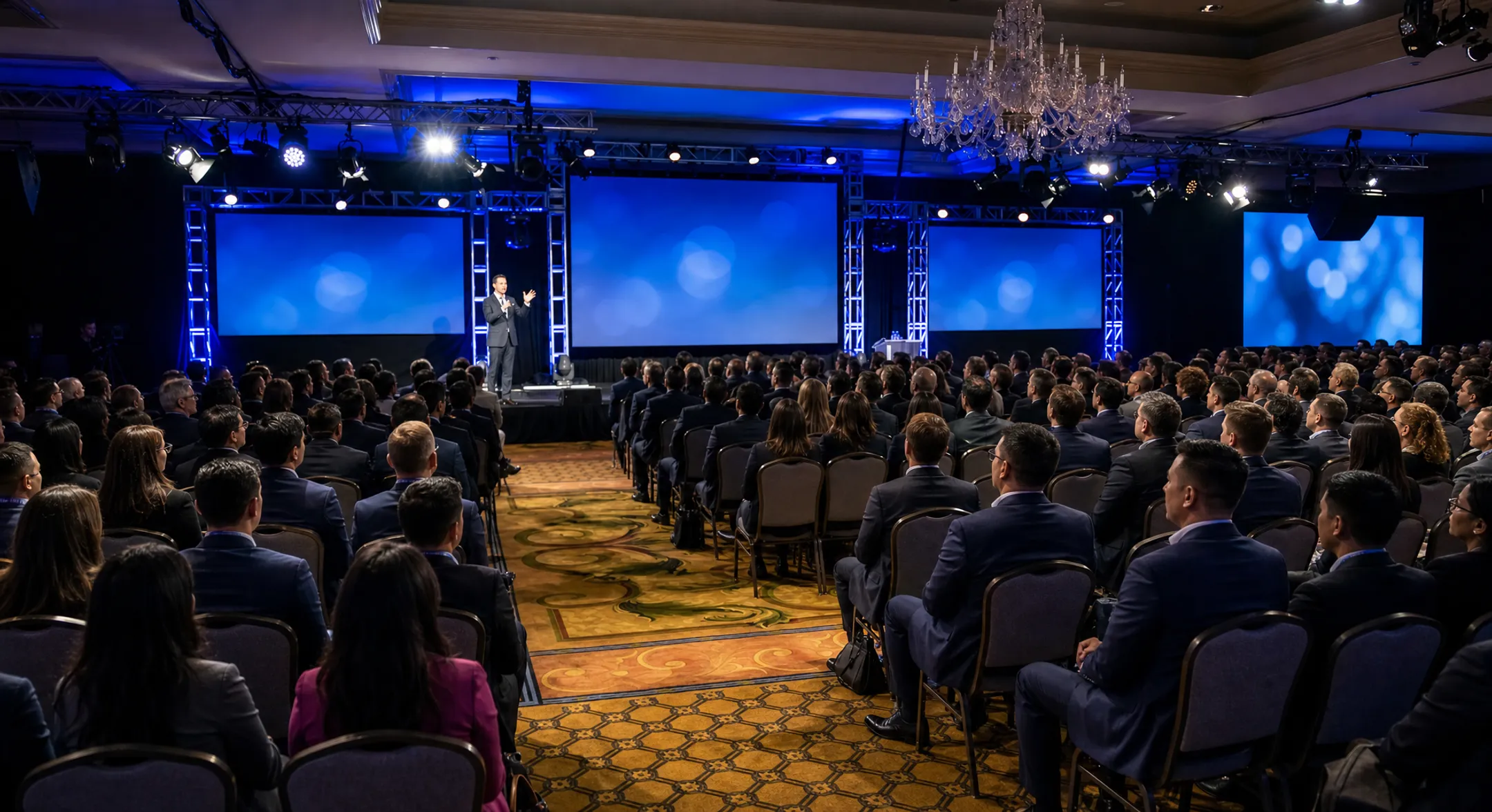 Professional keynote speaker addressing corporate leadership audience on stage