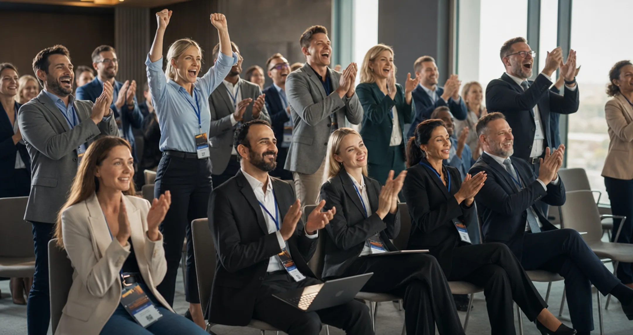 Corporate audience giving standing ovation during keynote presentation