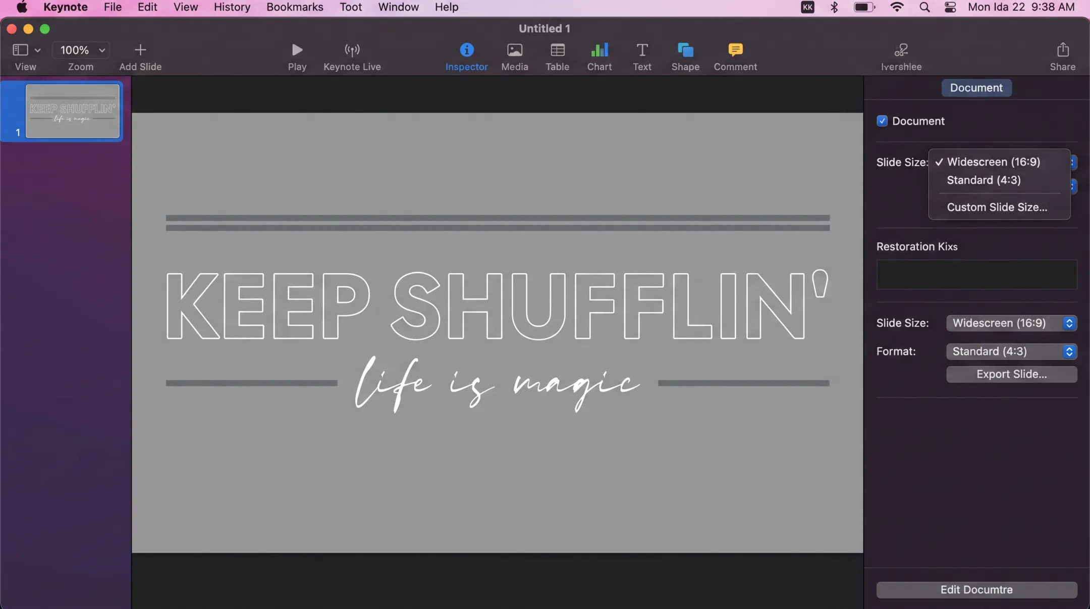 Keynote Document Setup panel showing Slide Size dropdown menu options