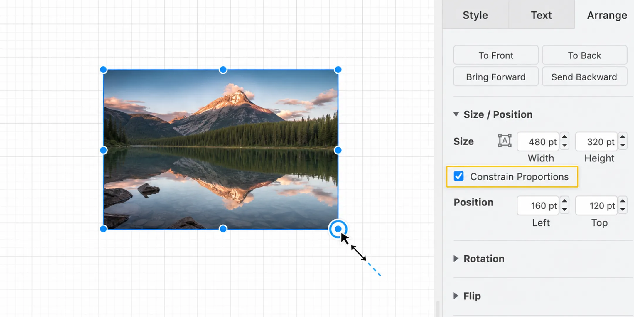 Keynote Format inspector Arrange tab with Constrain Proportions option