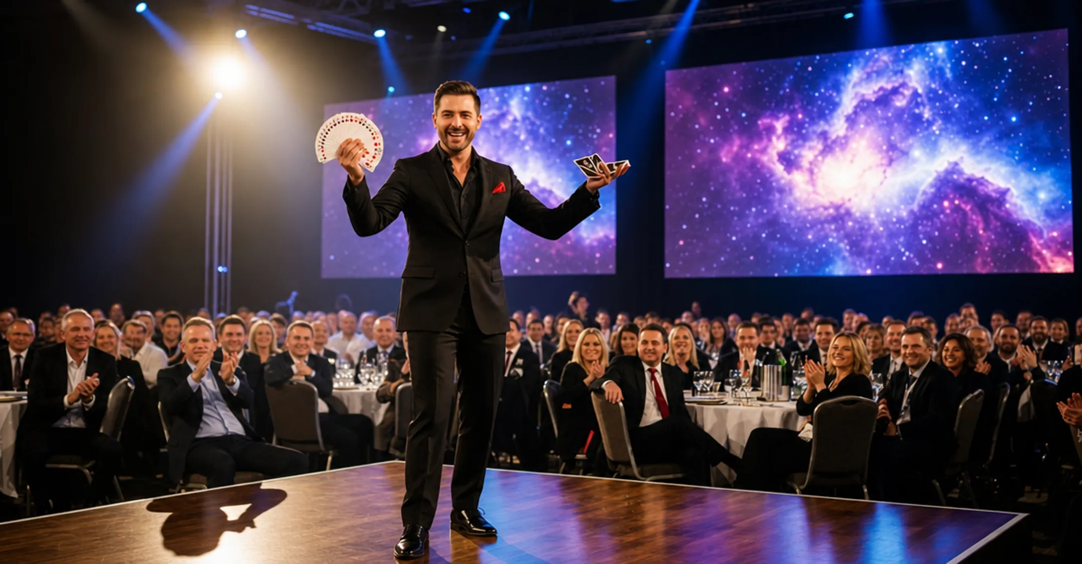 Professional keynote speaker performing magic trick on corporate stage