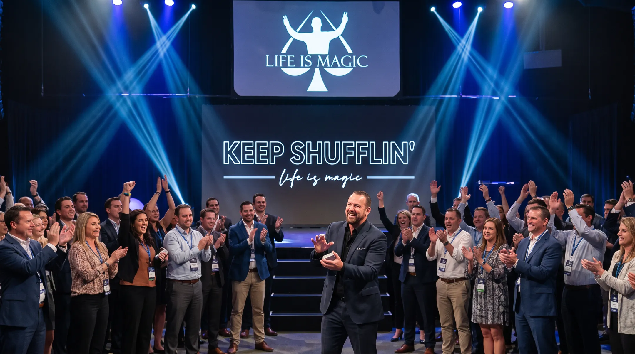 Jon Dorenbos performing magic during corporate keynote presentation