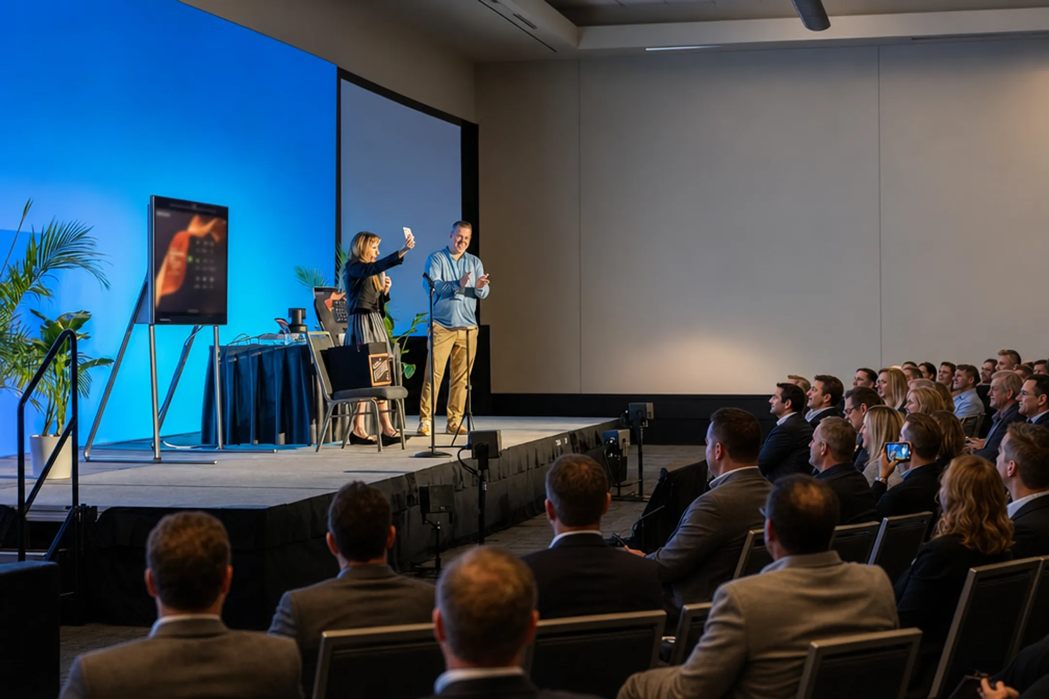 Keynote speaker performing magic trick during corporate conference presentation