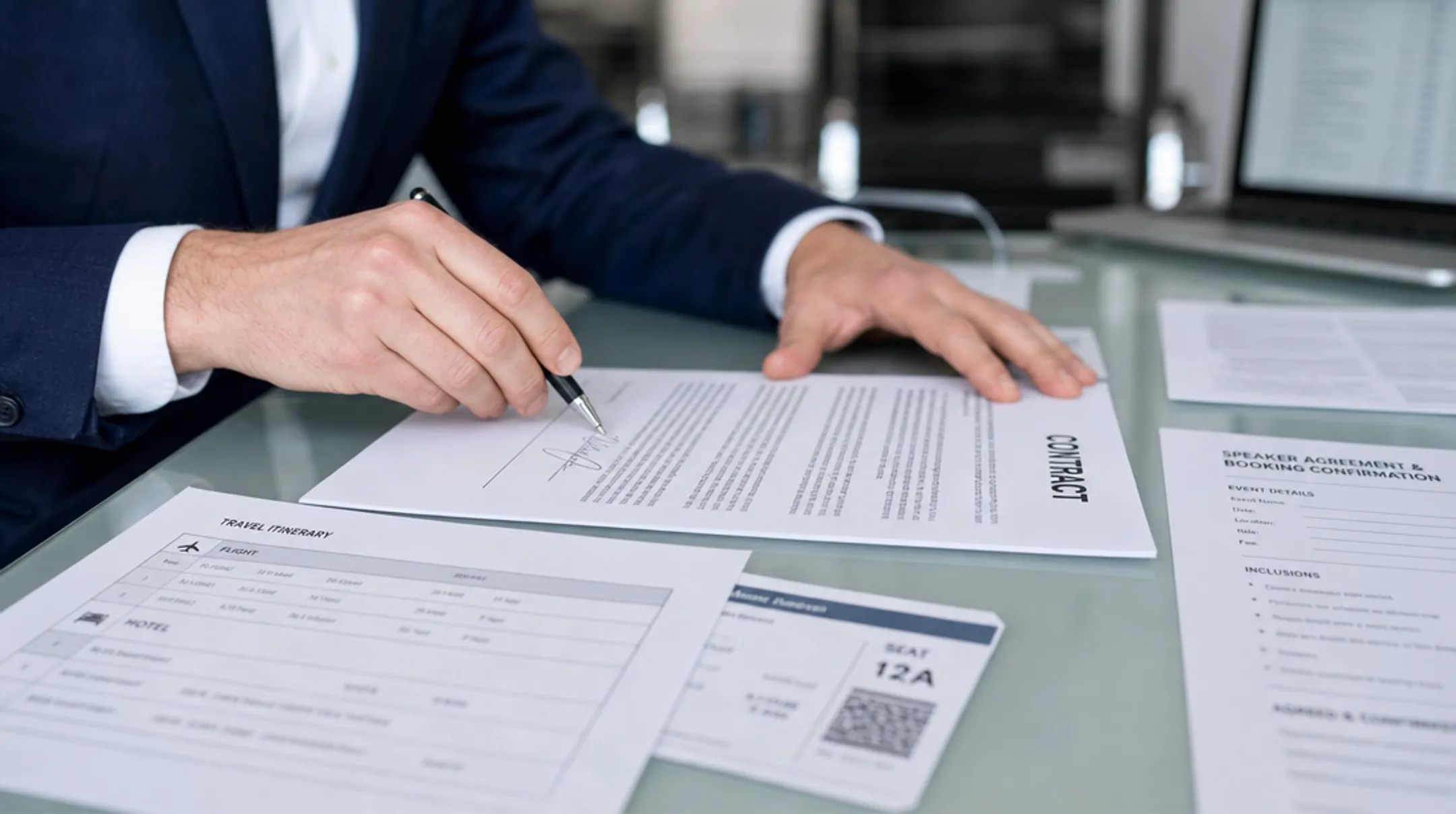 Event planner reviewing speaker contract terms and travel details