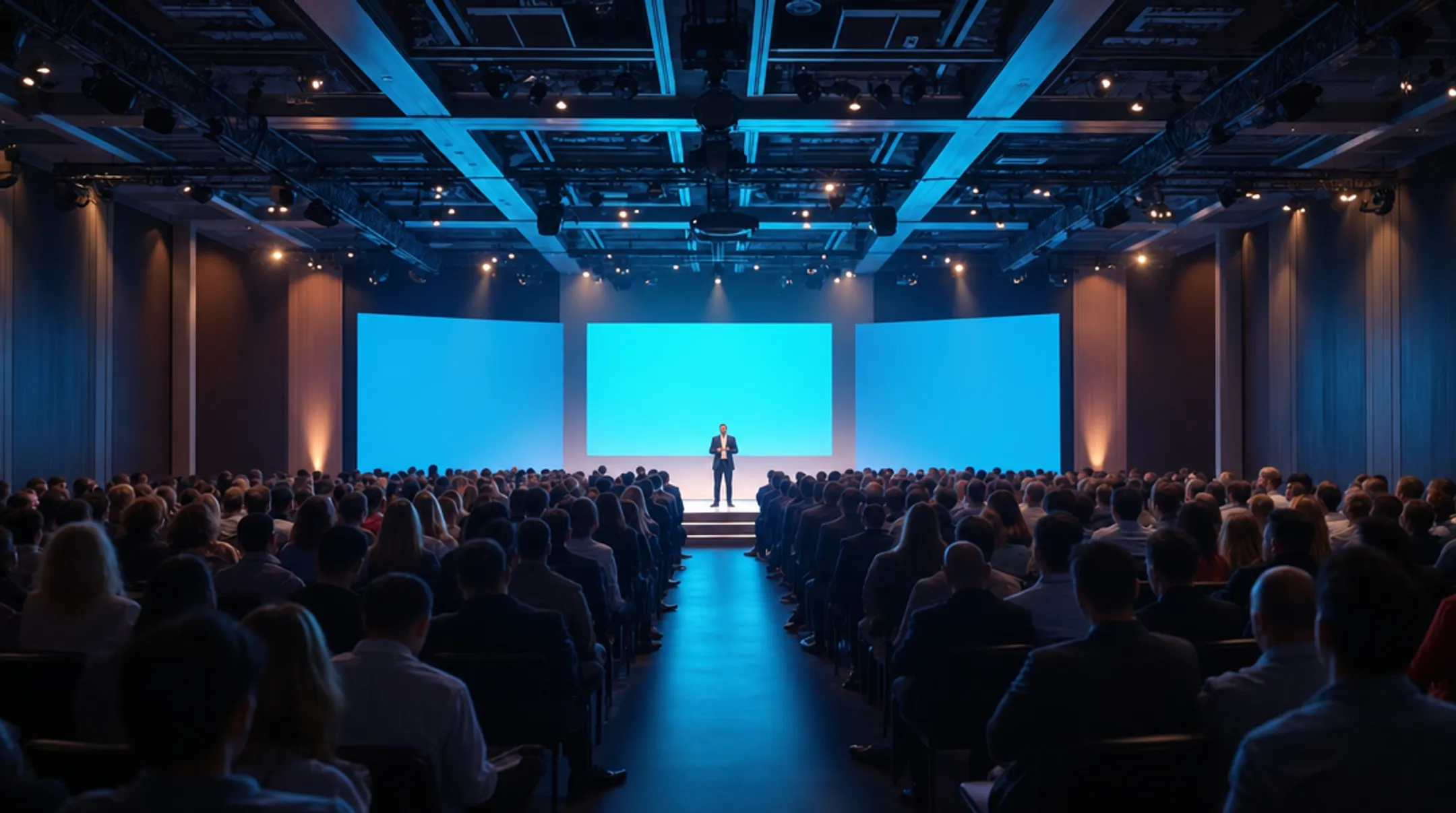 Motivational keynote speaker engaging large conference audience on stage