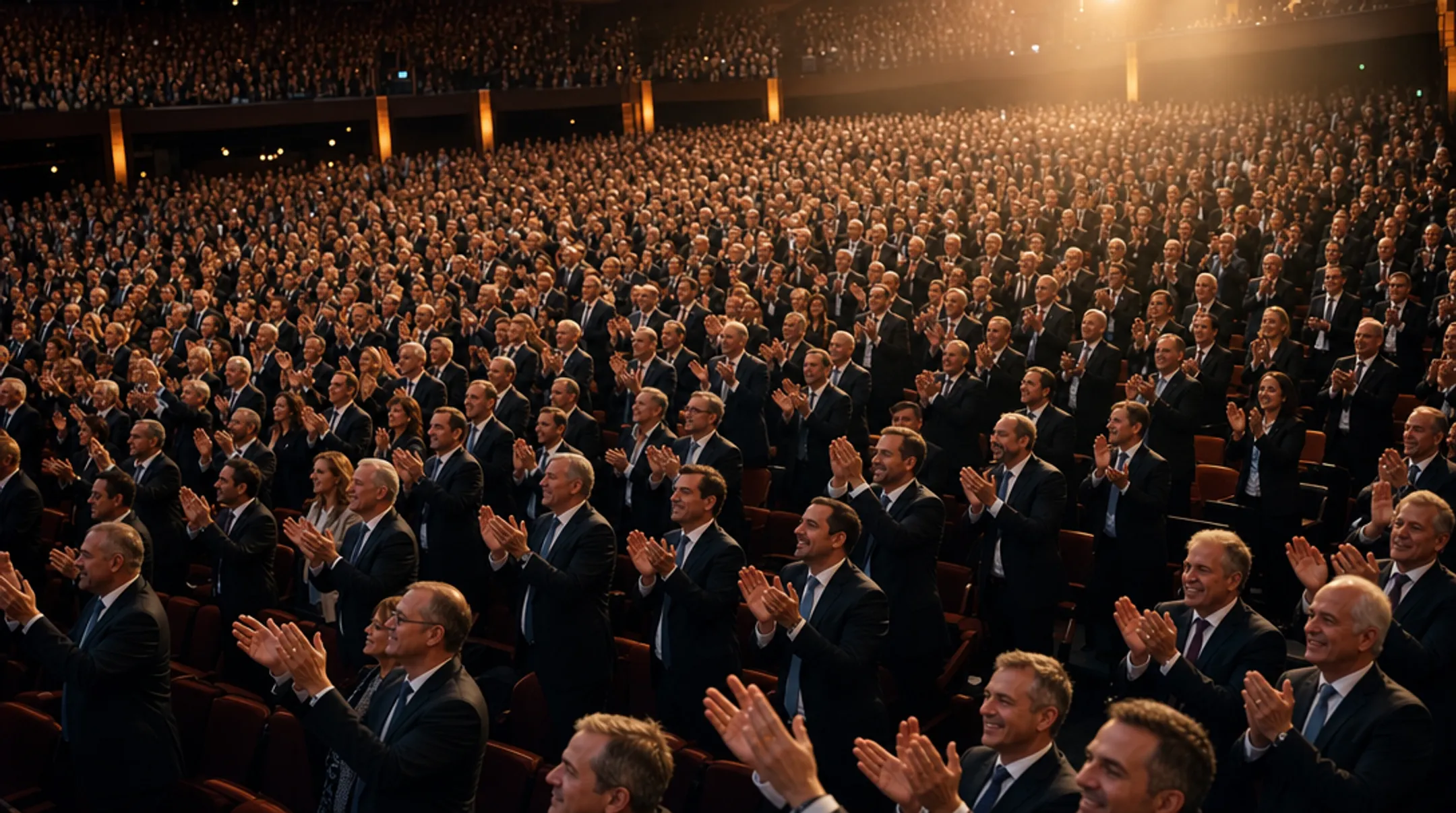 Large corporate audience giving standing ovation during keynote presentation