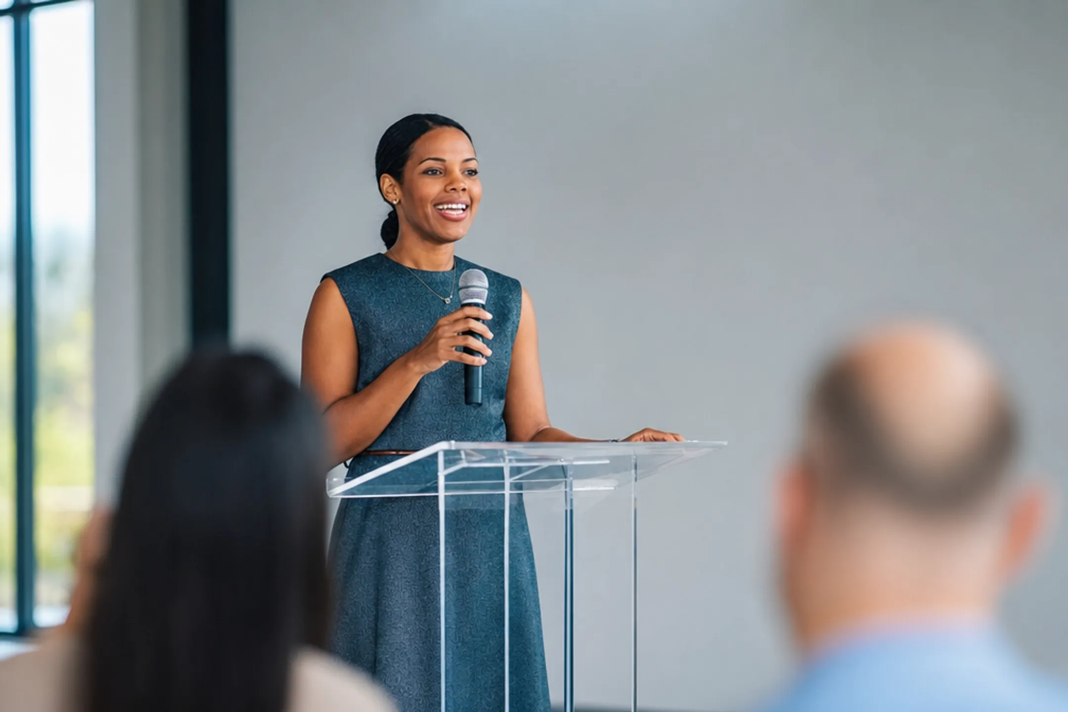 Female journalist and author speaking to professional leadership conference audience