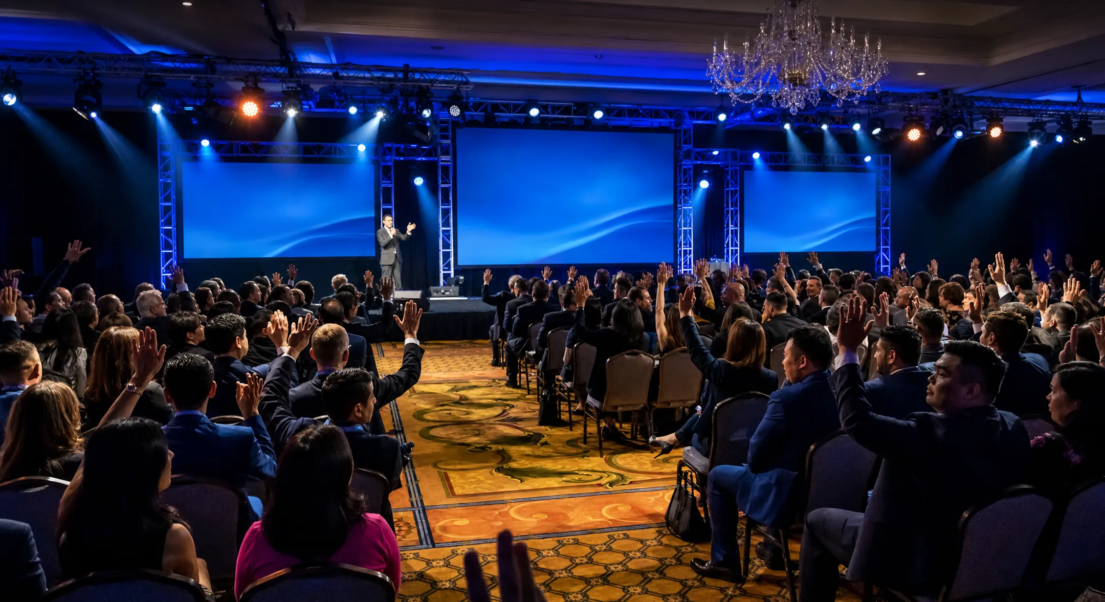 Keynote speaker performing magic and storytelling on corporate conference stage