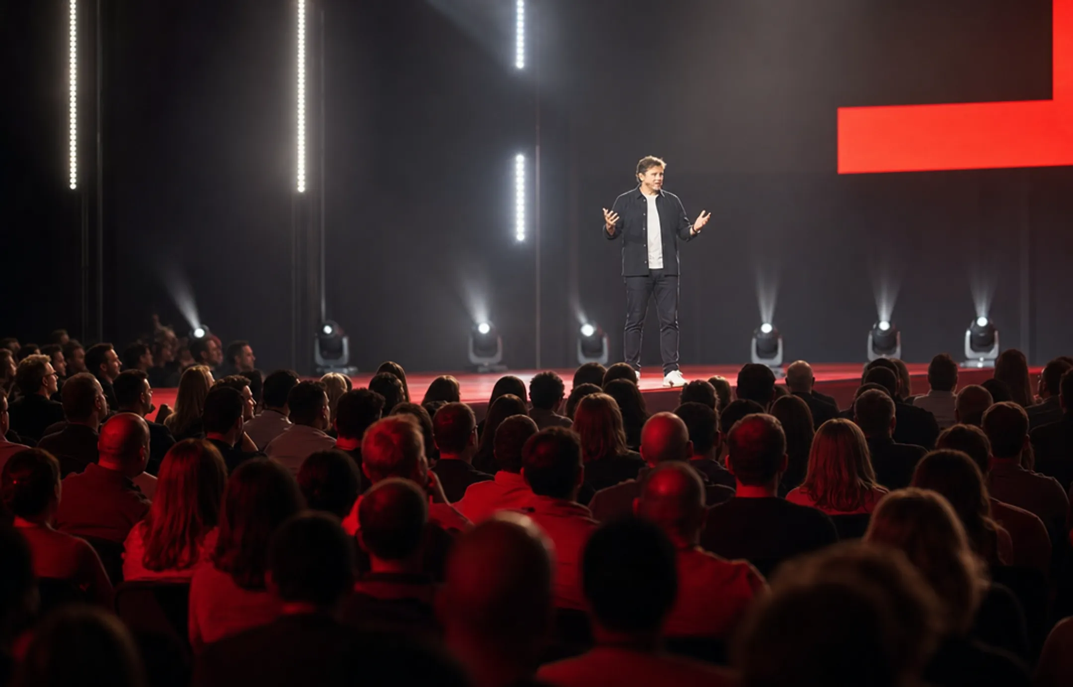 Keynote speaker performing on stage engaging large corporate audience