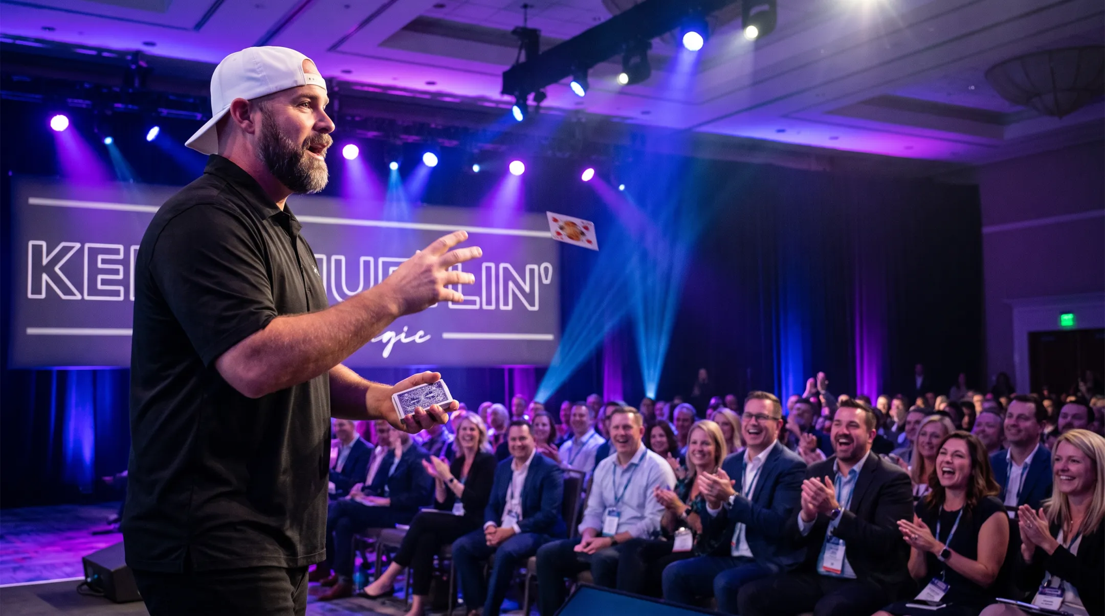 Jon Dorenbos performing magic during a corporate keynote presentation