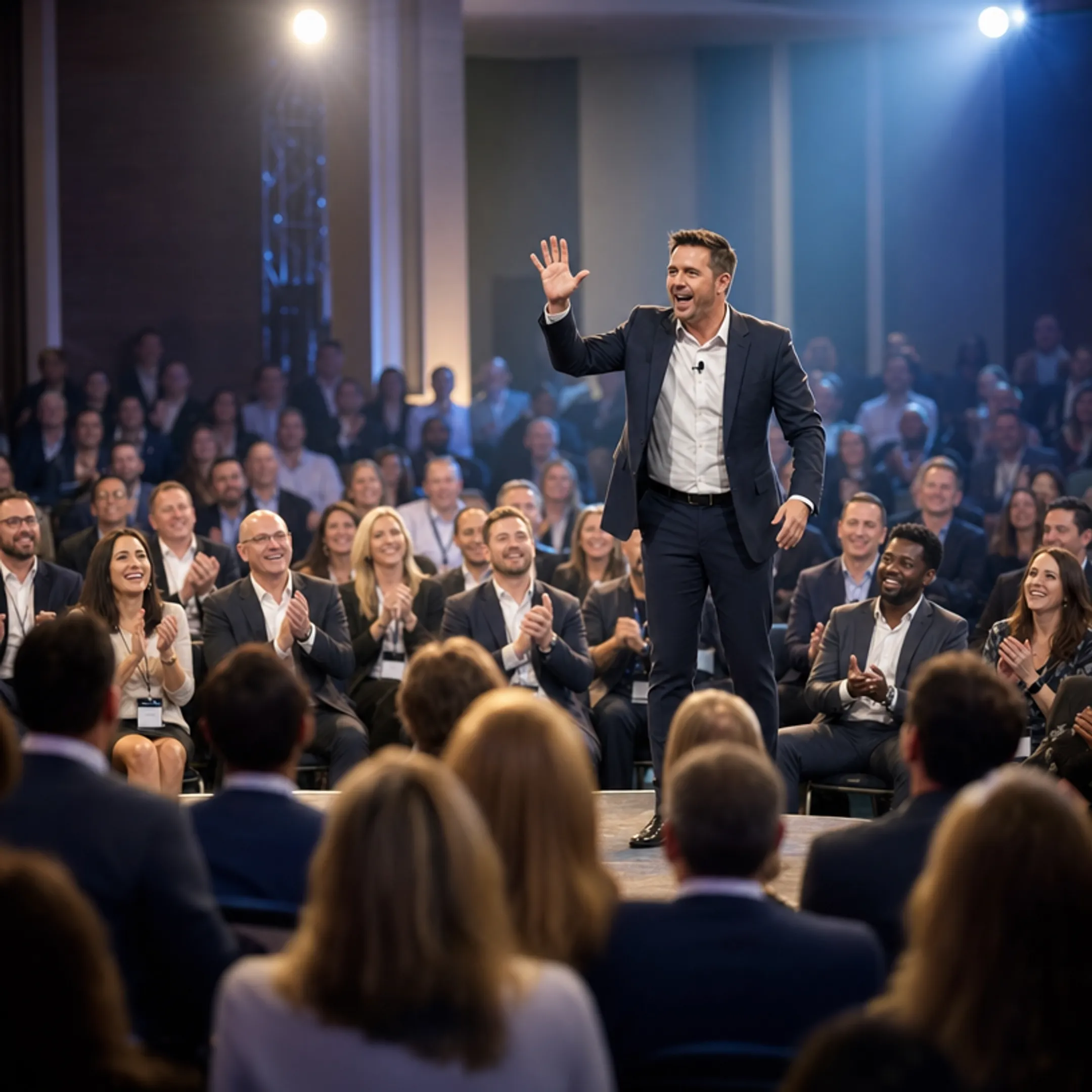 Motivational keynote speaker engaging large corporate audience on stage