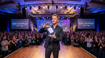 Celebrity keynote speaker performing storytelling and magic on stage