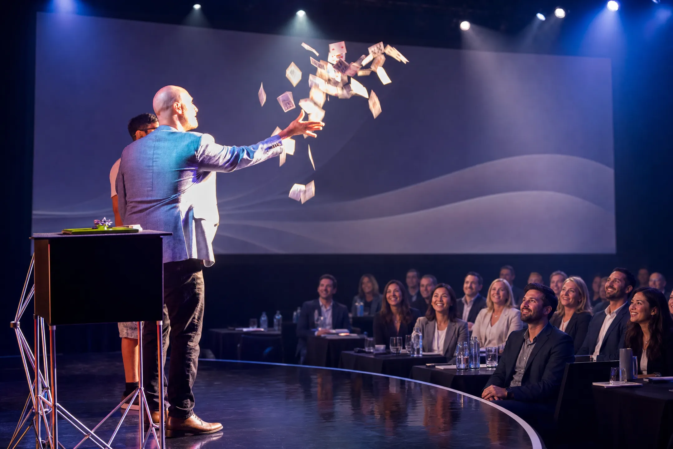 Keynote speaker performing card magic trick on stage during presentation