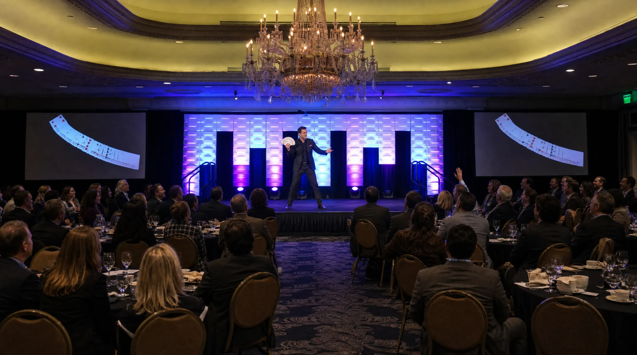 Professional keynote speaker performing magic trick on corporate stage