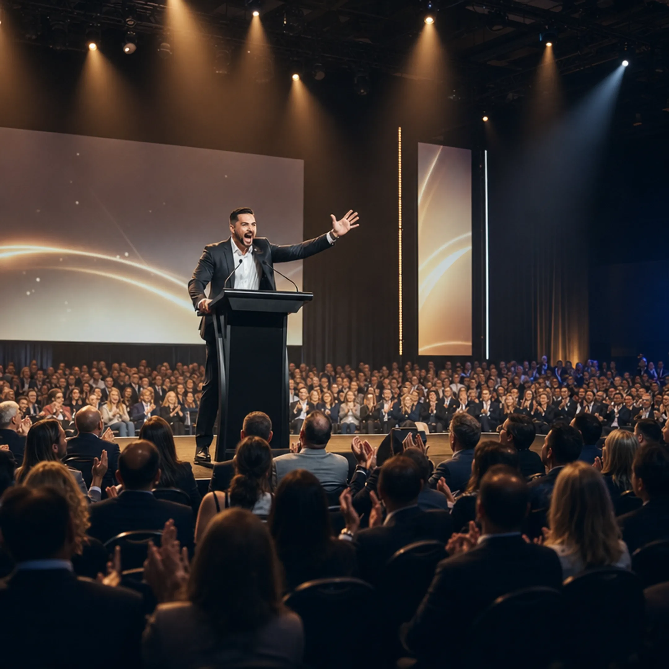 Professional keynote speaker performing on stage at corporate conference event