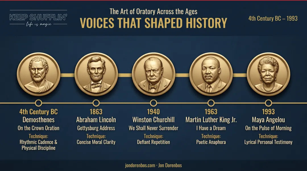 Timeline of five legendary public speakers from ancient Greece to modern era