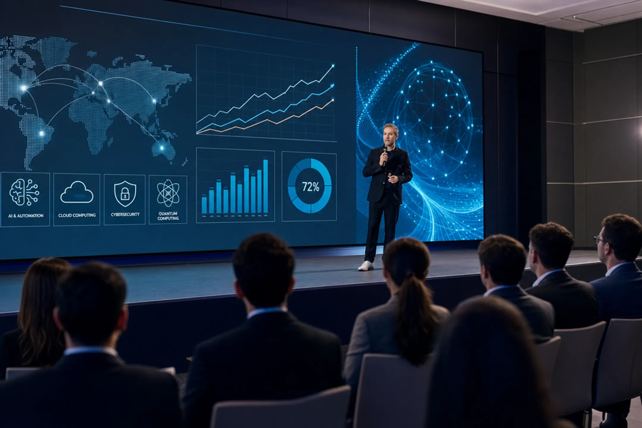 Futurist speaker presenting technology trends to corporate executive audience