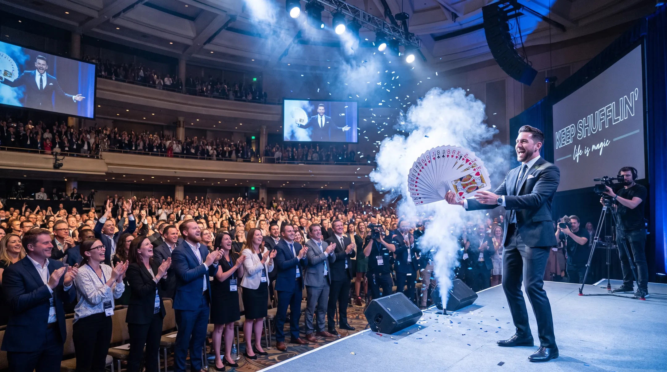 Keynote speaker performing live magic trick during corporate presentation