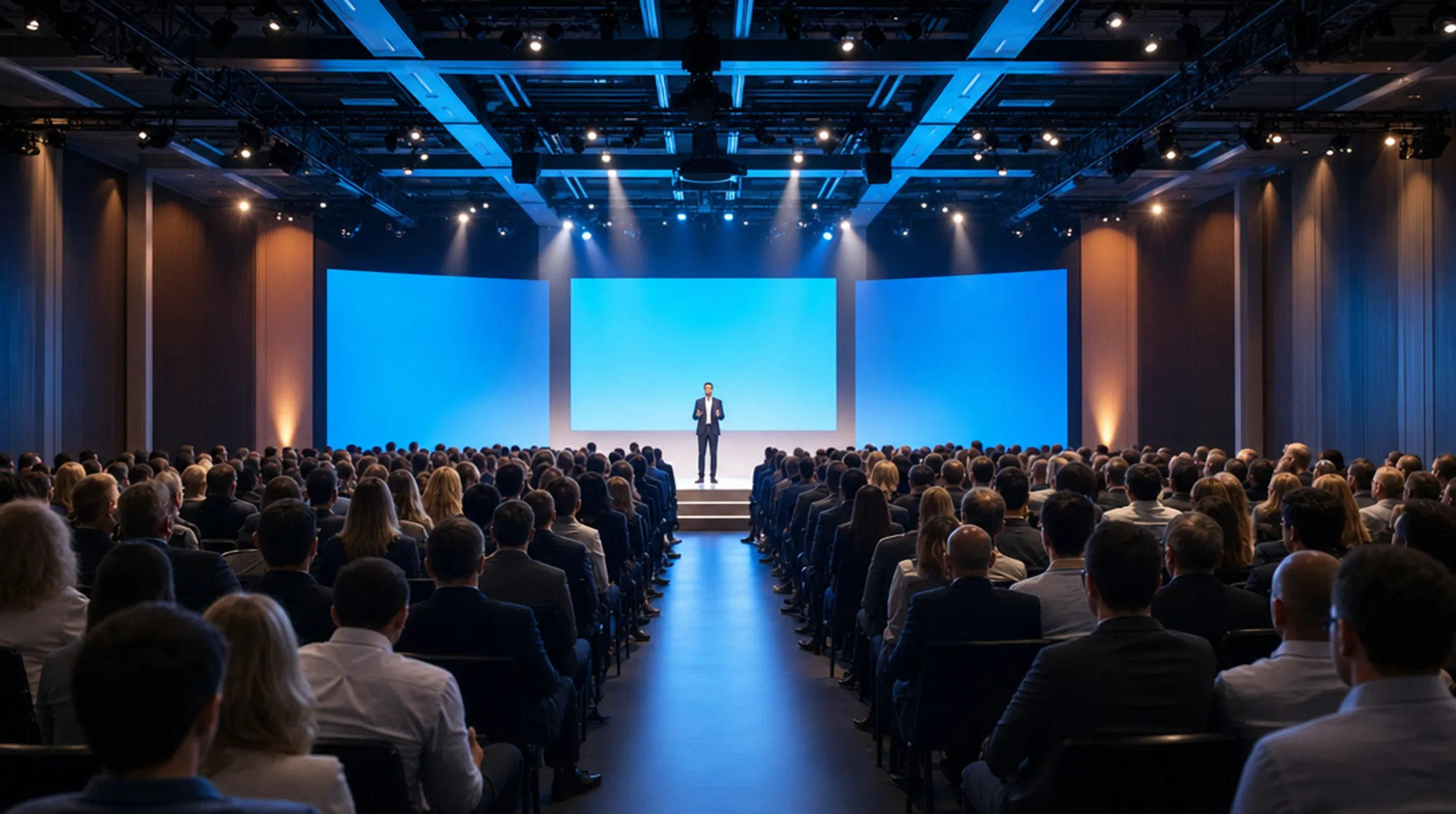 Corporate conference audience listening to leadership keynote speaker on stage