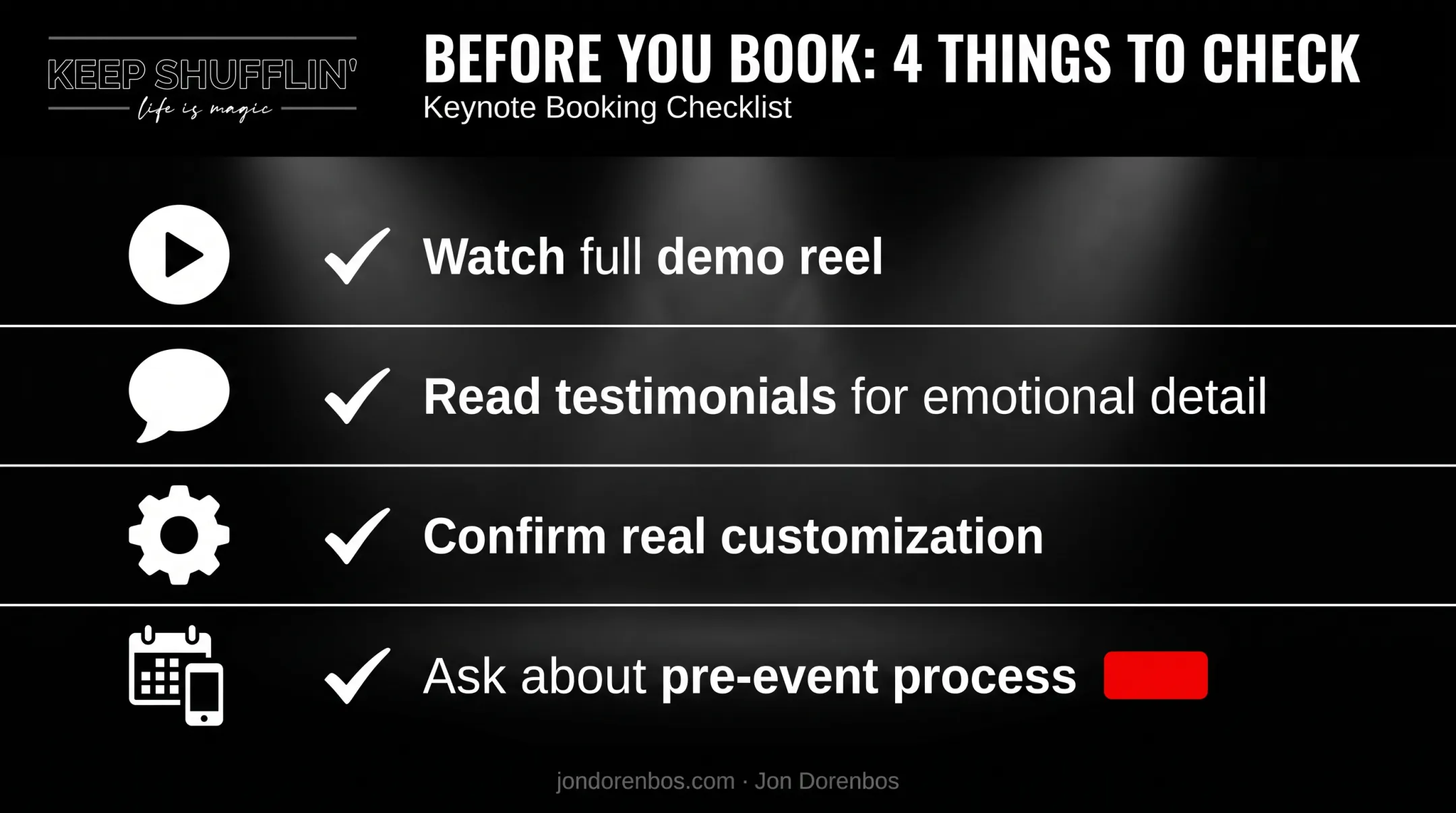 checklist for evaluating a keynote speaker's narrative flow before booking