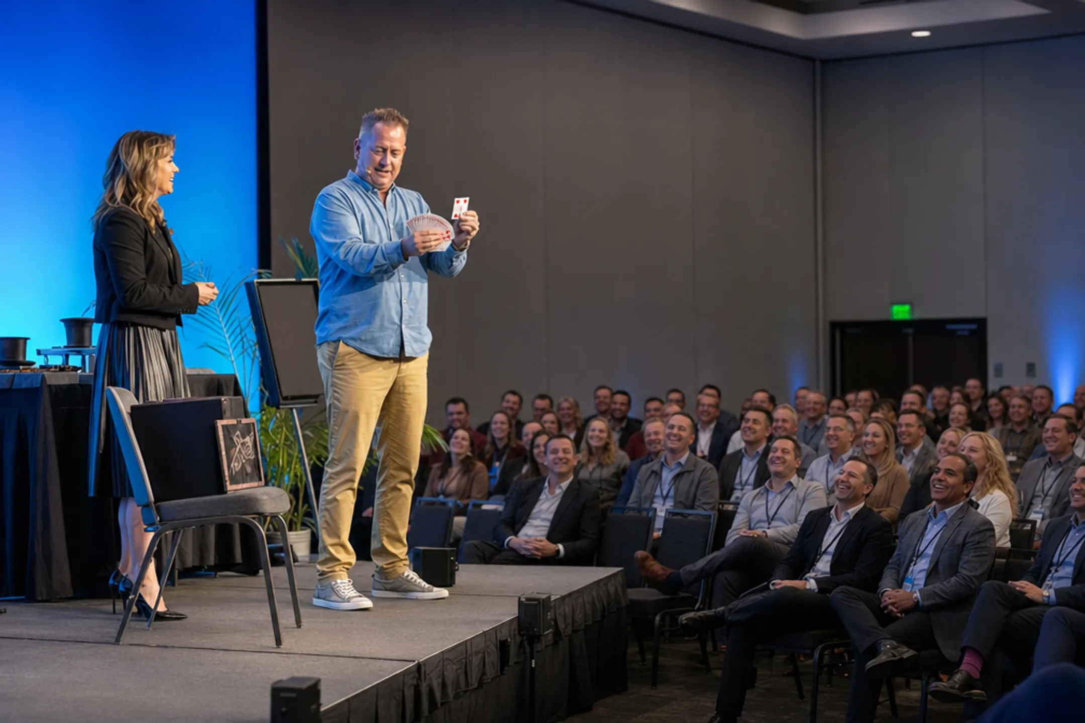 keynote speaker performing live magic trick on corporate stage