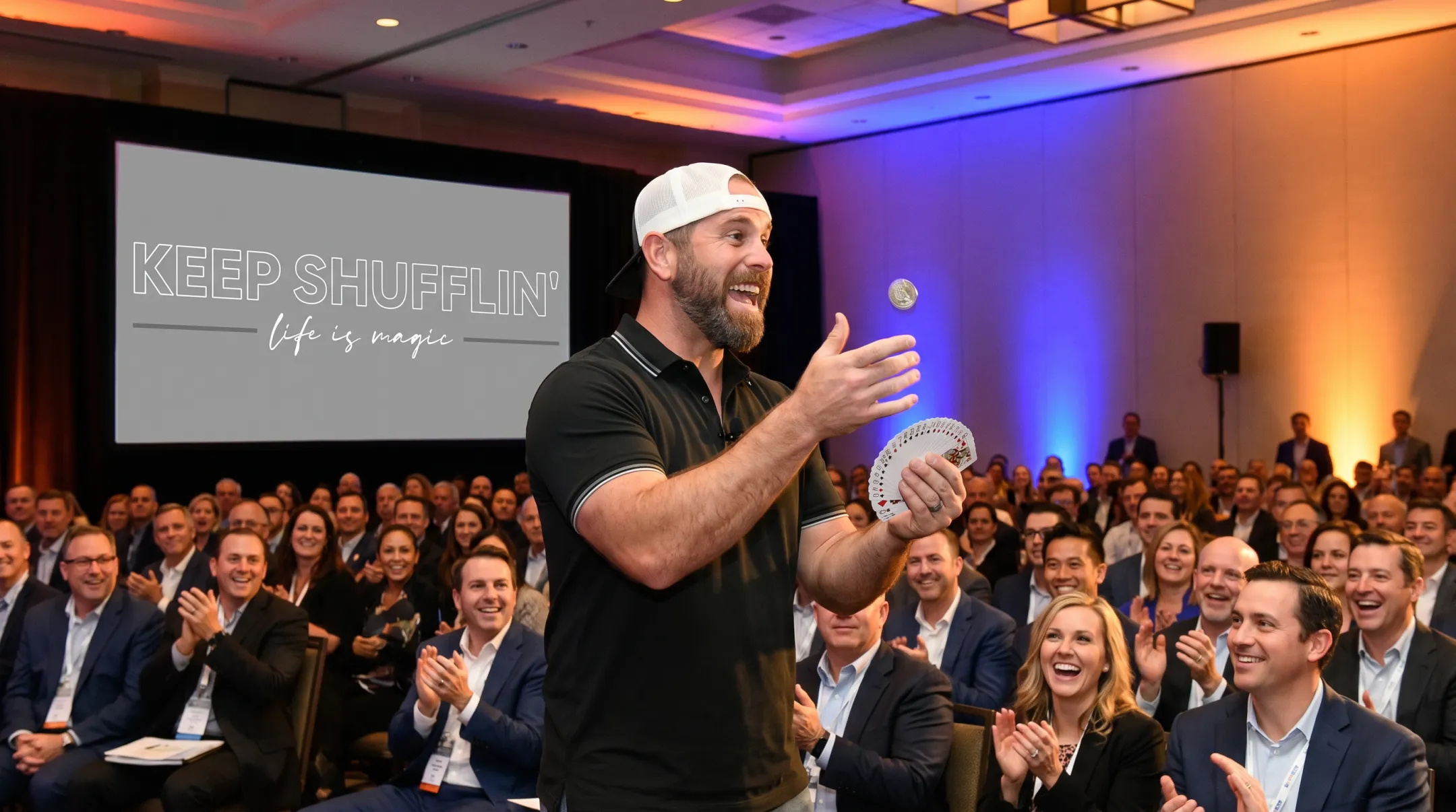 Jon Dorenbos performing magic and storytelling keynote on stage