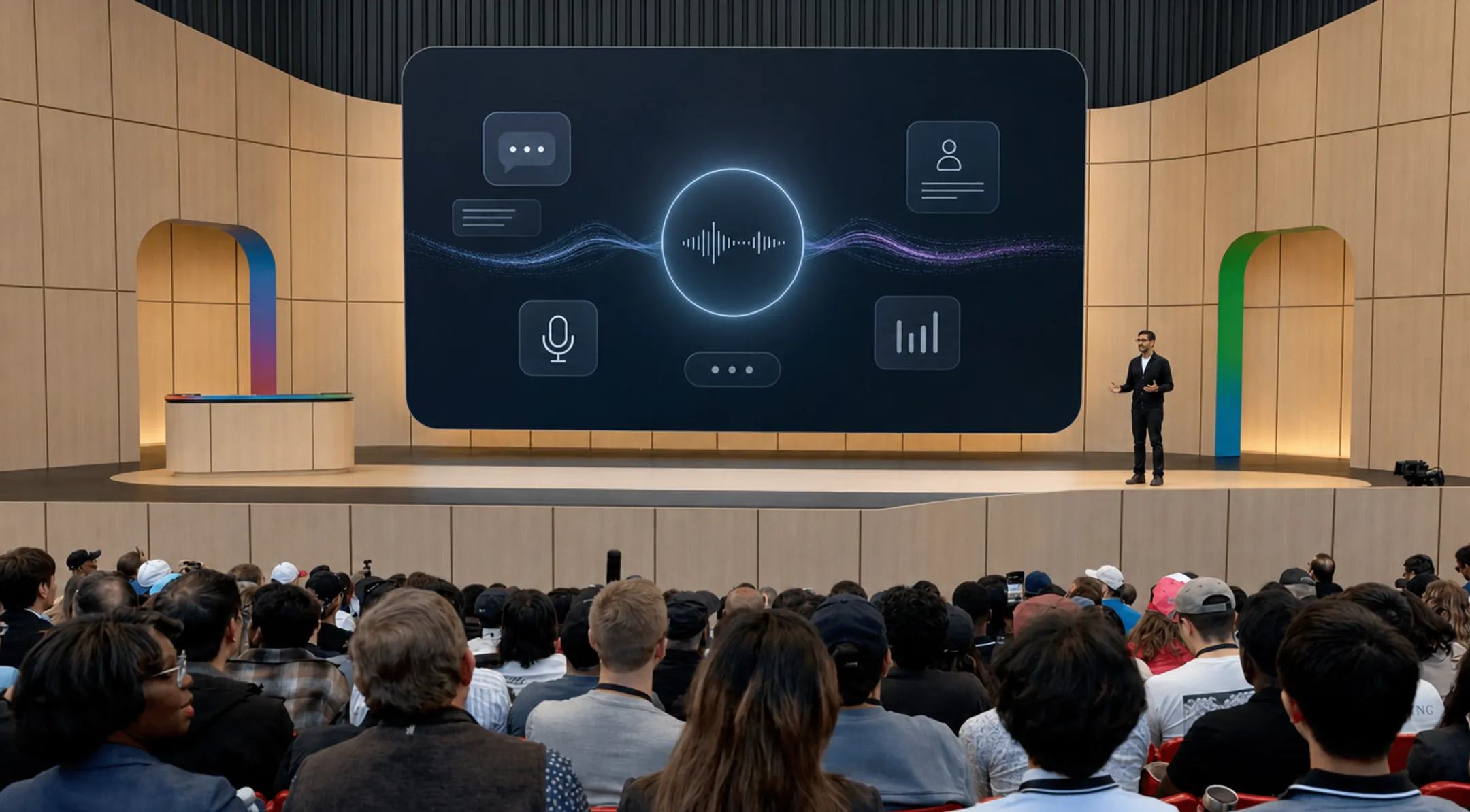AI technology innovator presenting voice assistant product demo on stage