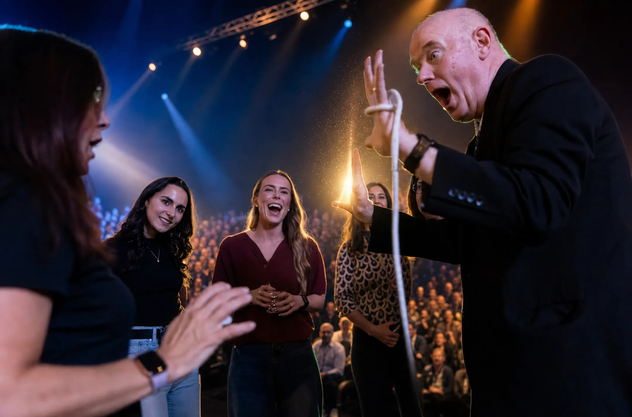 Keynote speaker performing live magic trick on corporate stage