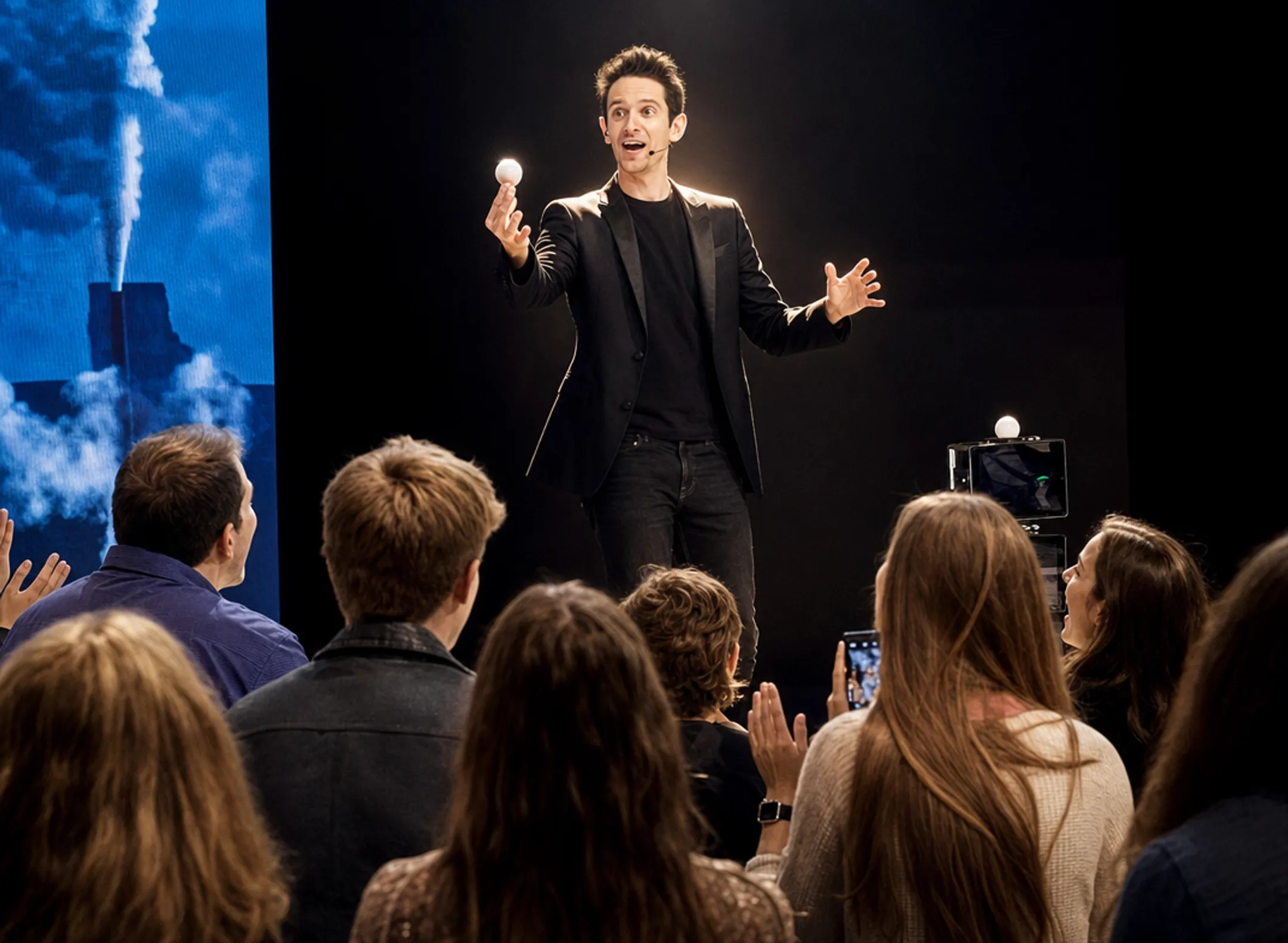 Keynote speaker performing magic trick on stage to large audience