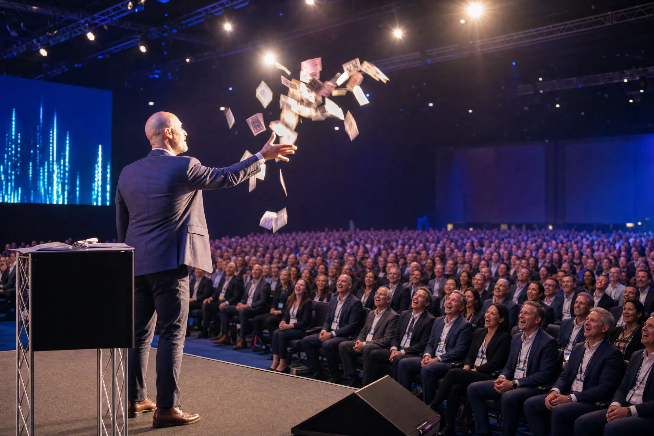 Former NFL player performing magic keynote at corporate conference stage