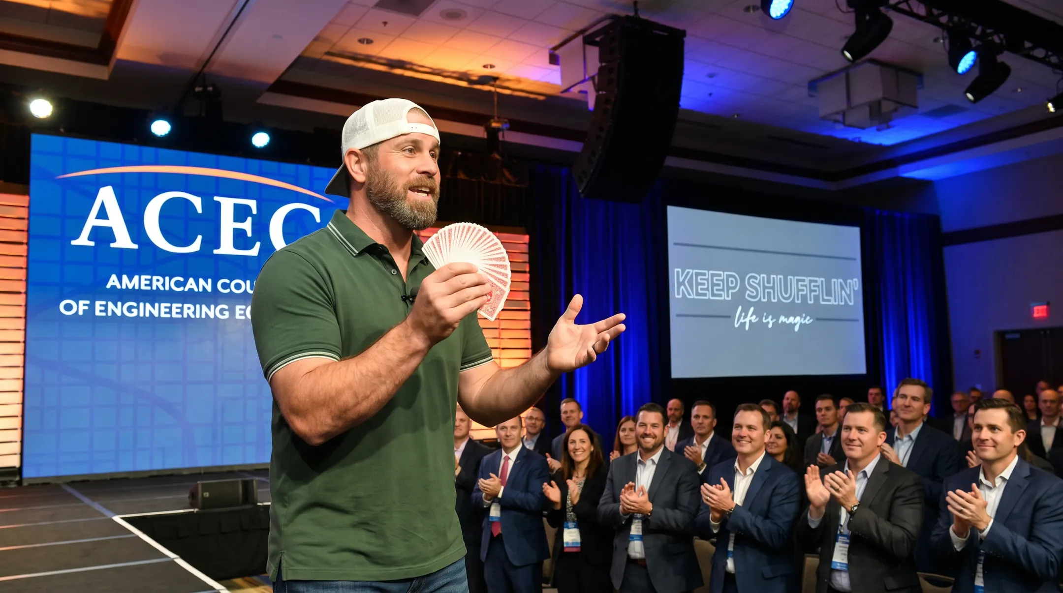 Jon Dorenbos performing magic and storytelling keynote for corporate audience