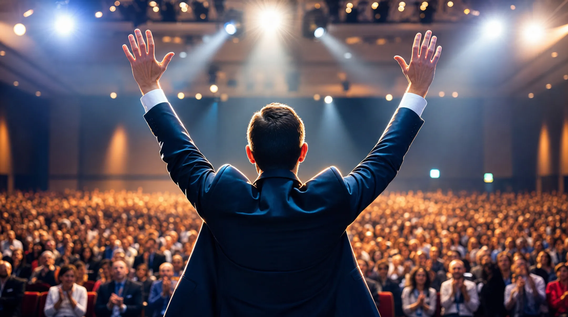 Tony Robbins delivering high-energy keynote to large conference audience