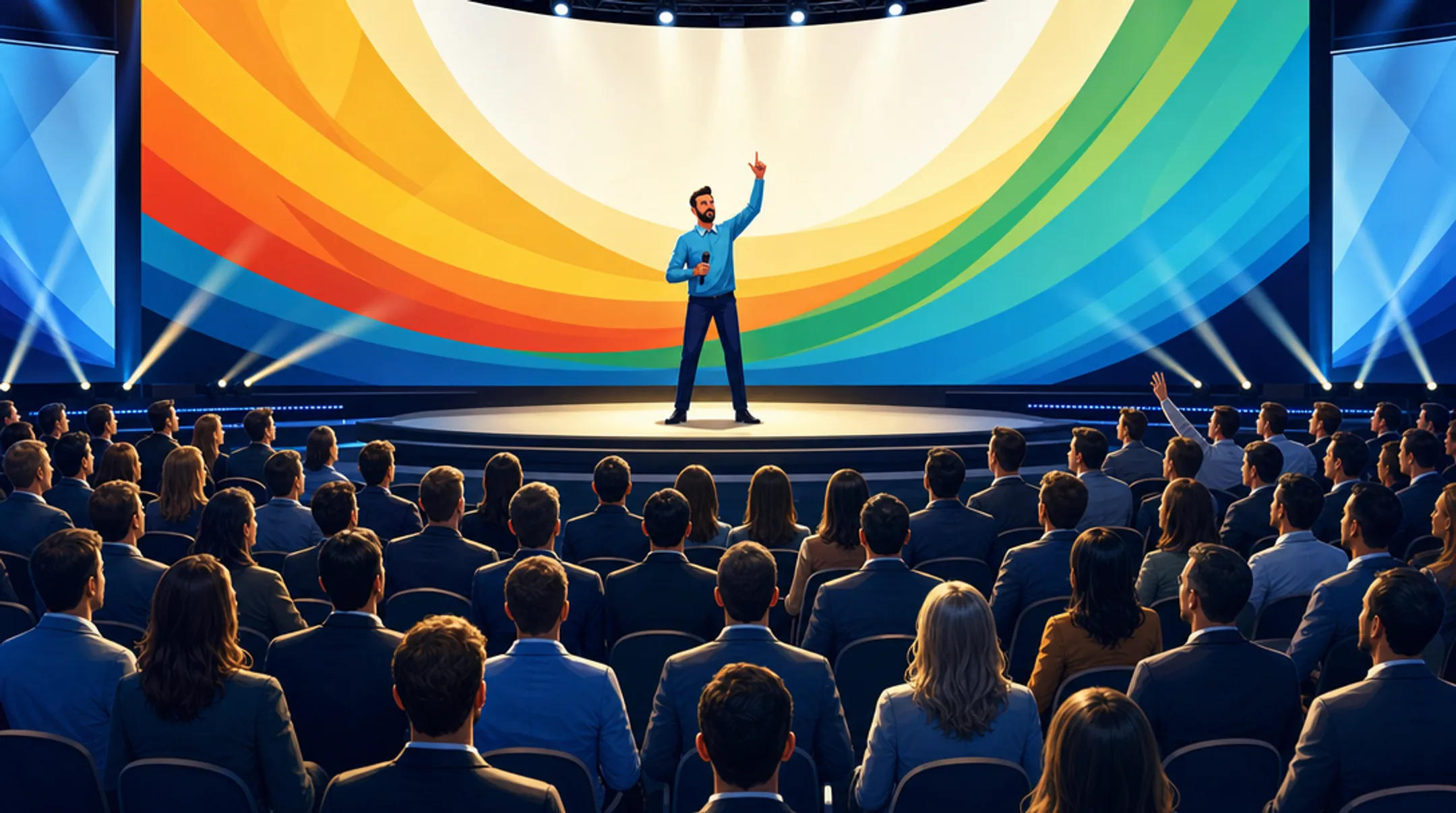 High-intensity motivational speaker addressing sales team from stage