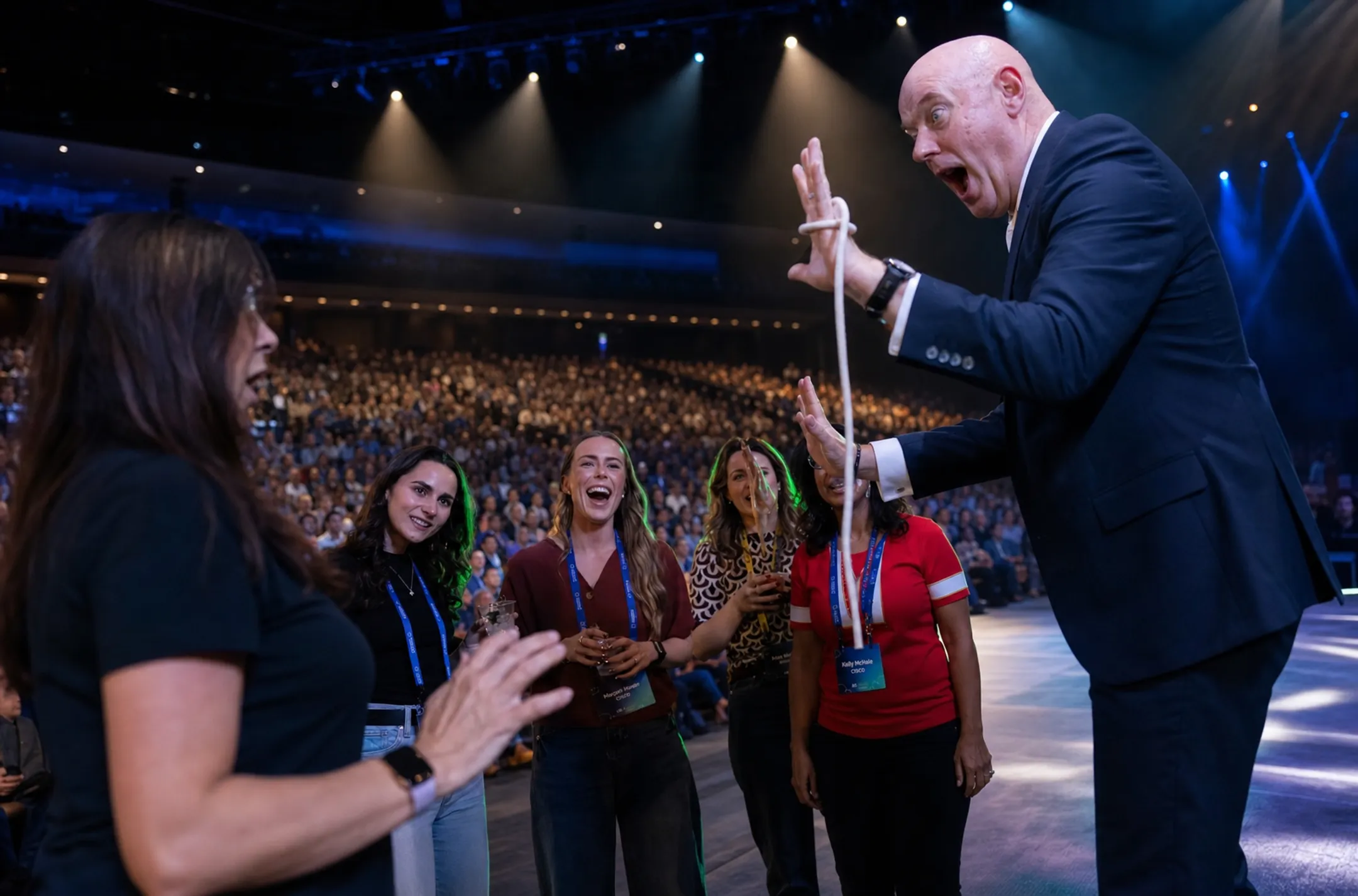 Motivational speaker performing magic illusion on corporate keynote stage