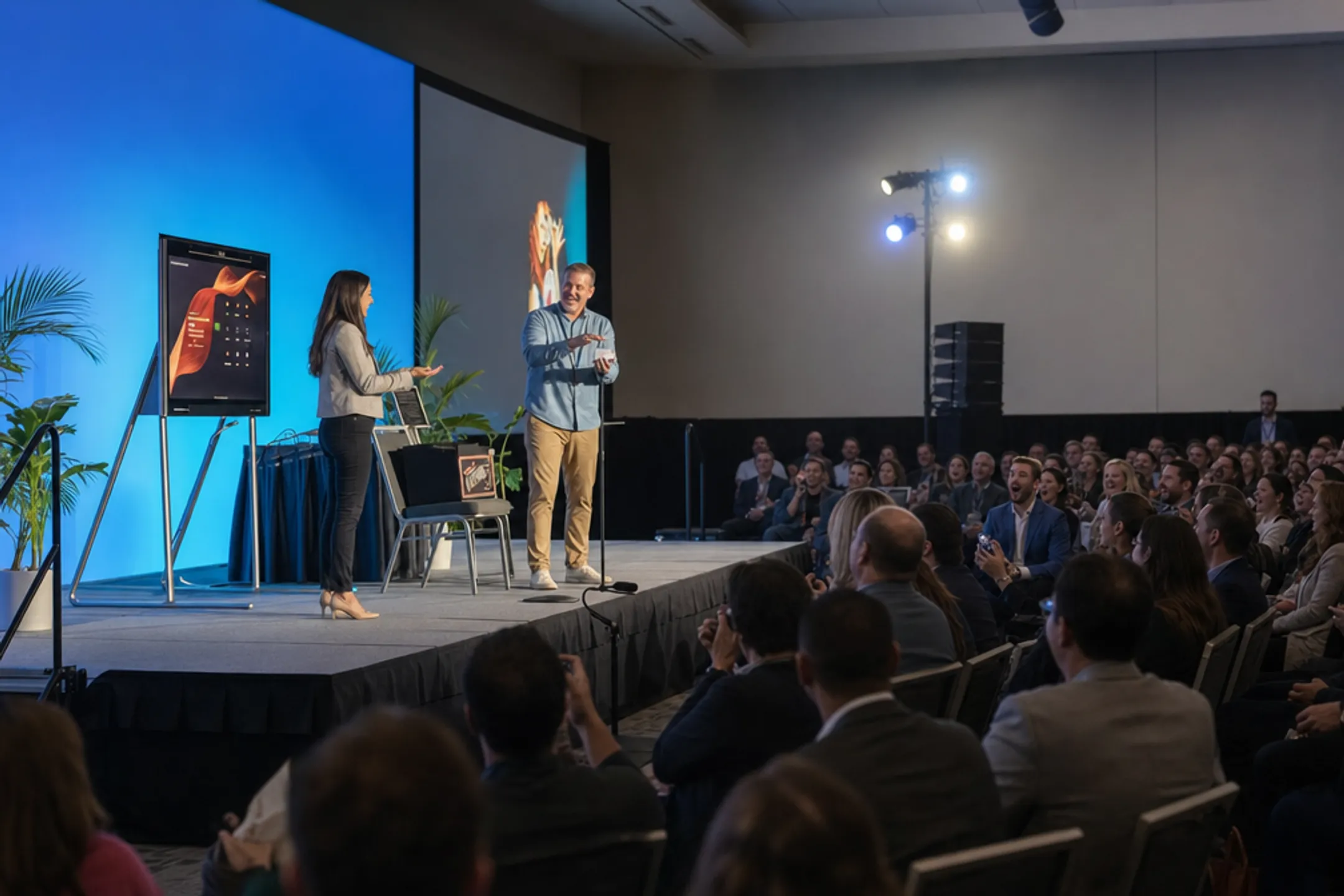 Keynote speaker performing interactive card magic trick on stage