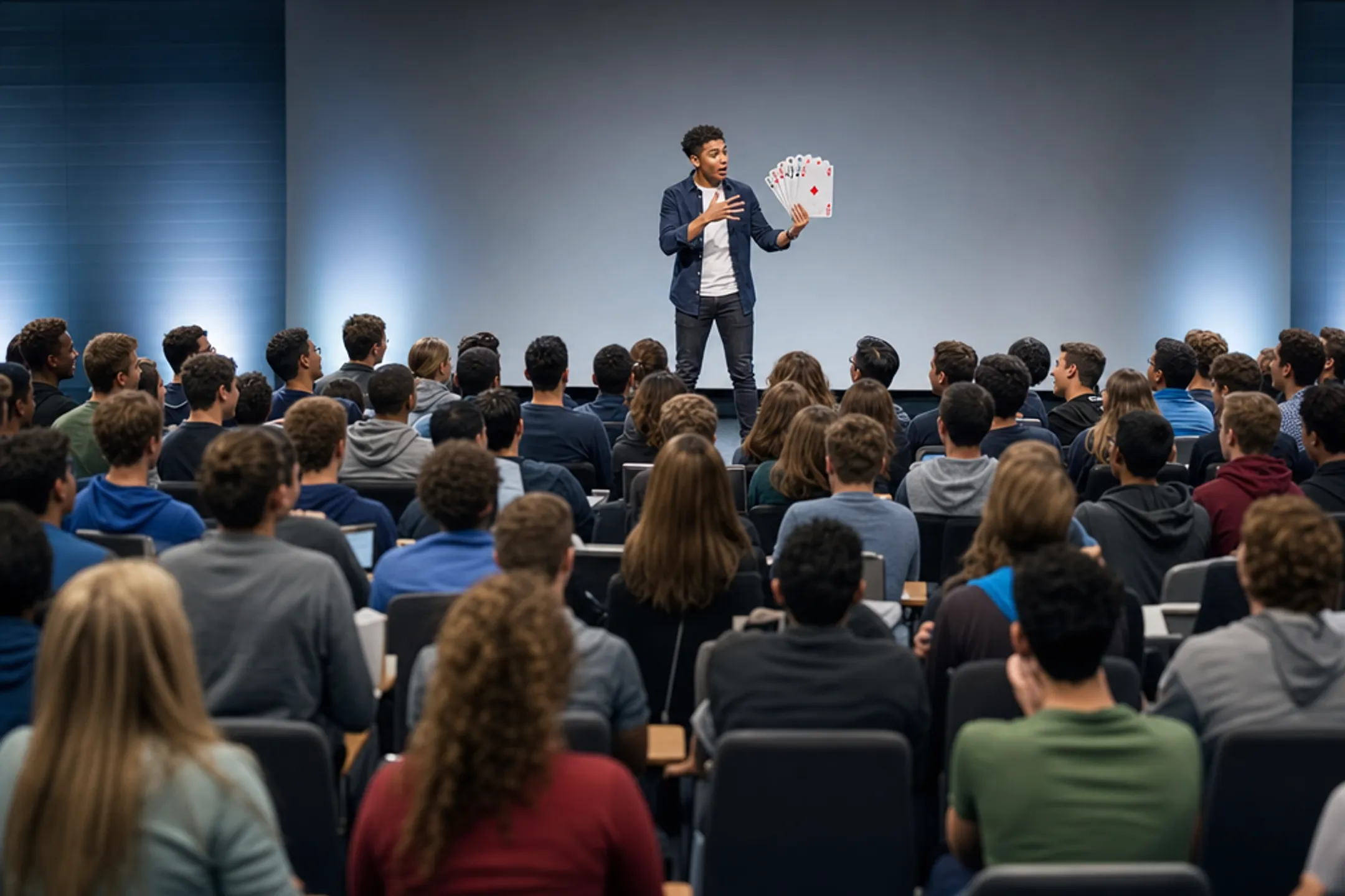 Motivational speaker performing magic trick during school keynote presentation