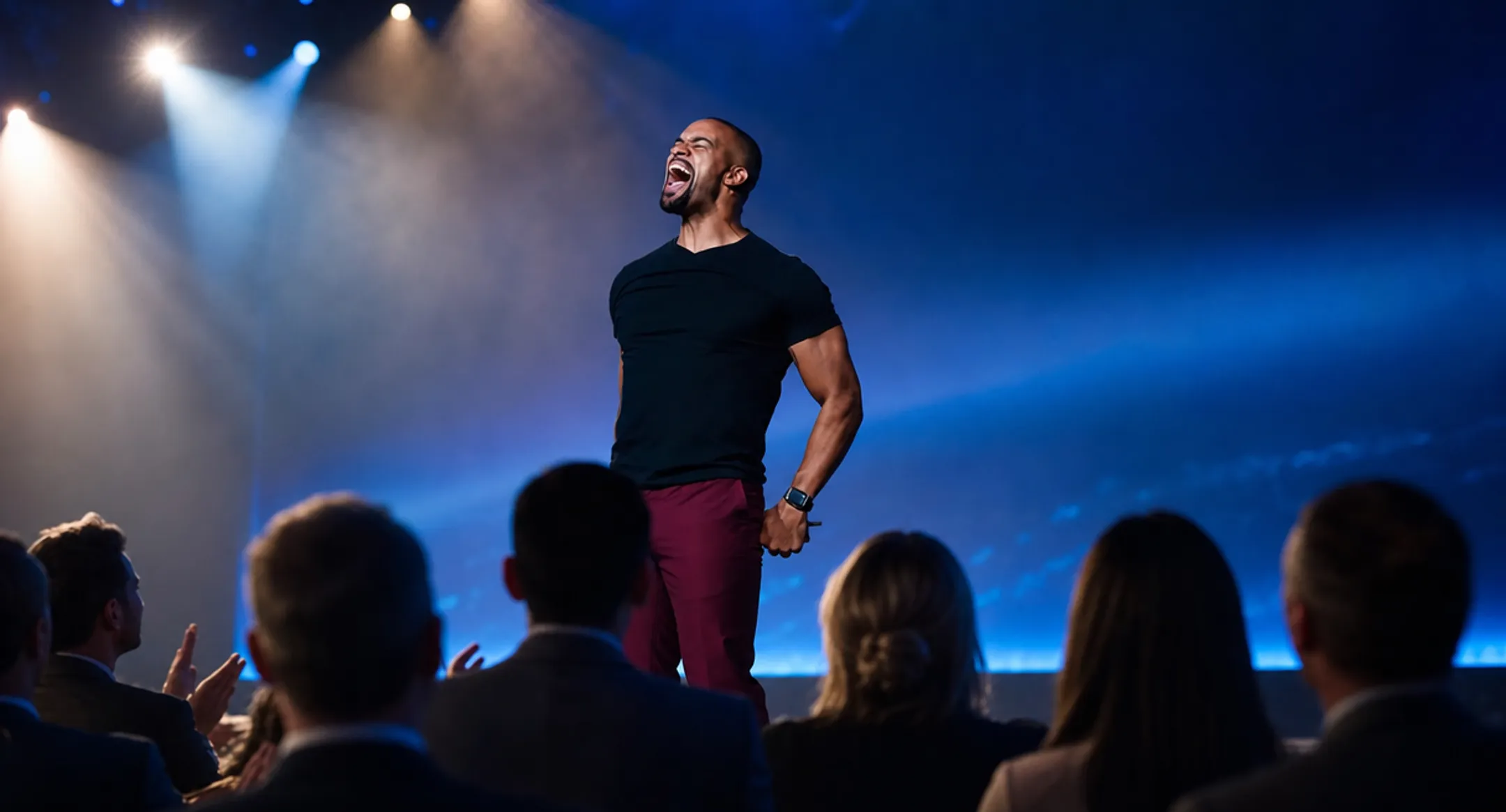 Motivational keynote speaker engaging large corporate audience on stage