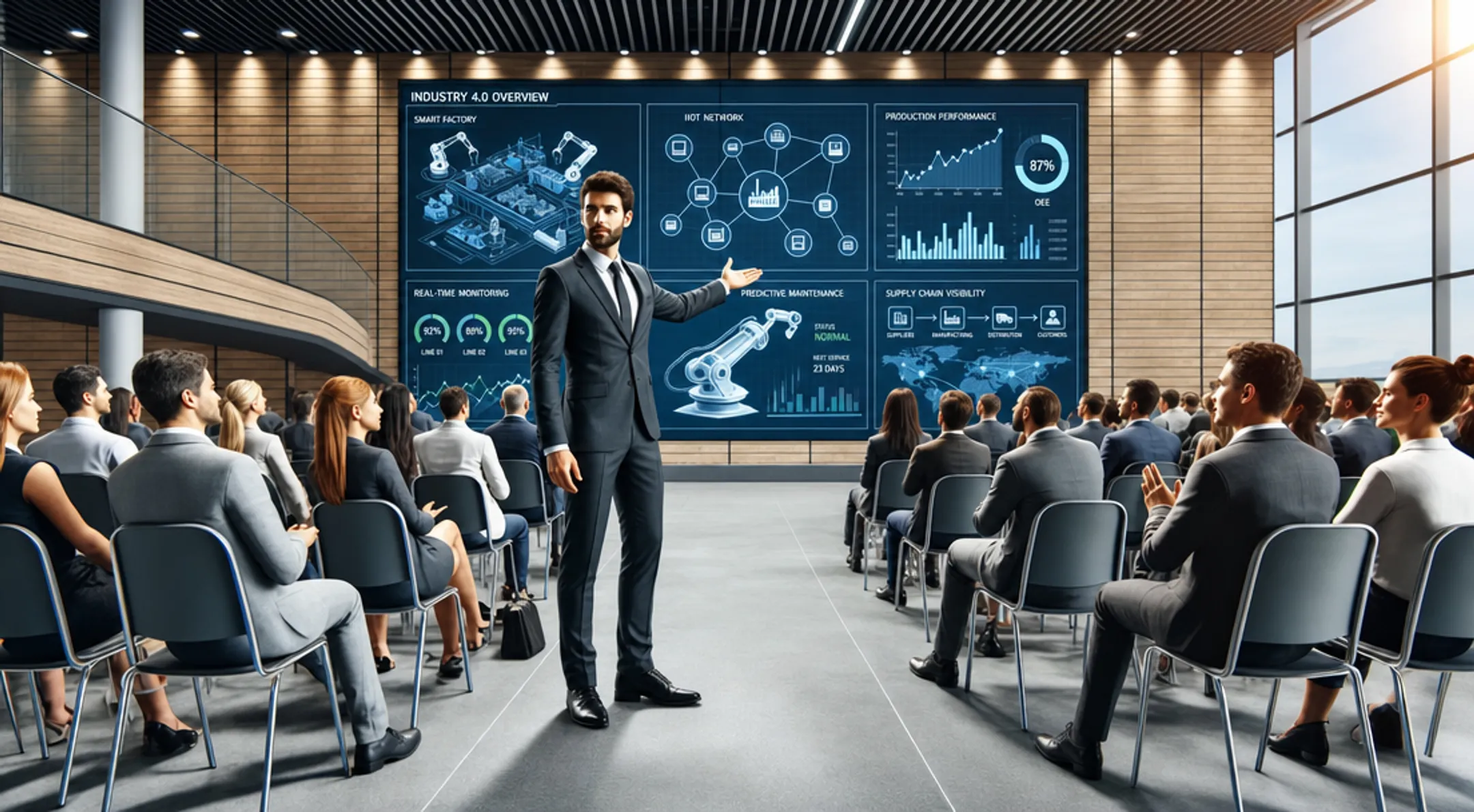 Industrial executive presenting digital transformation strategy to manufacturing conference audience