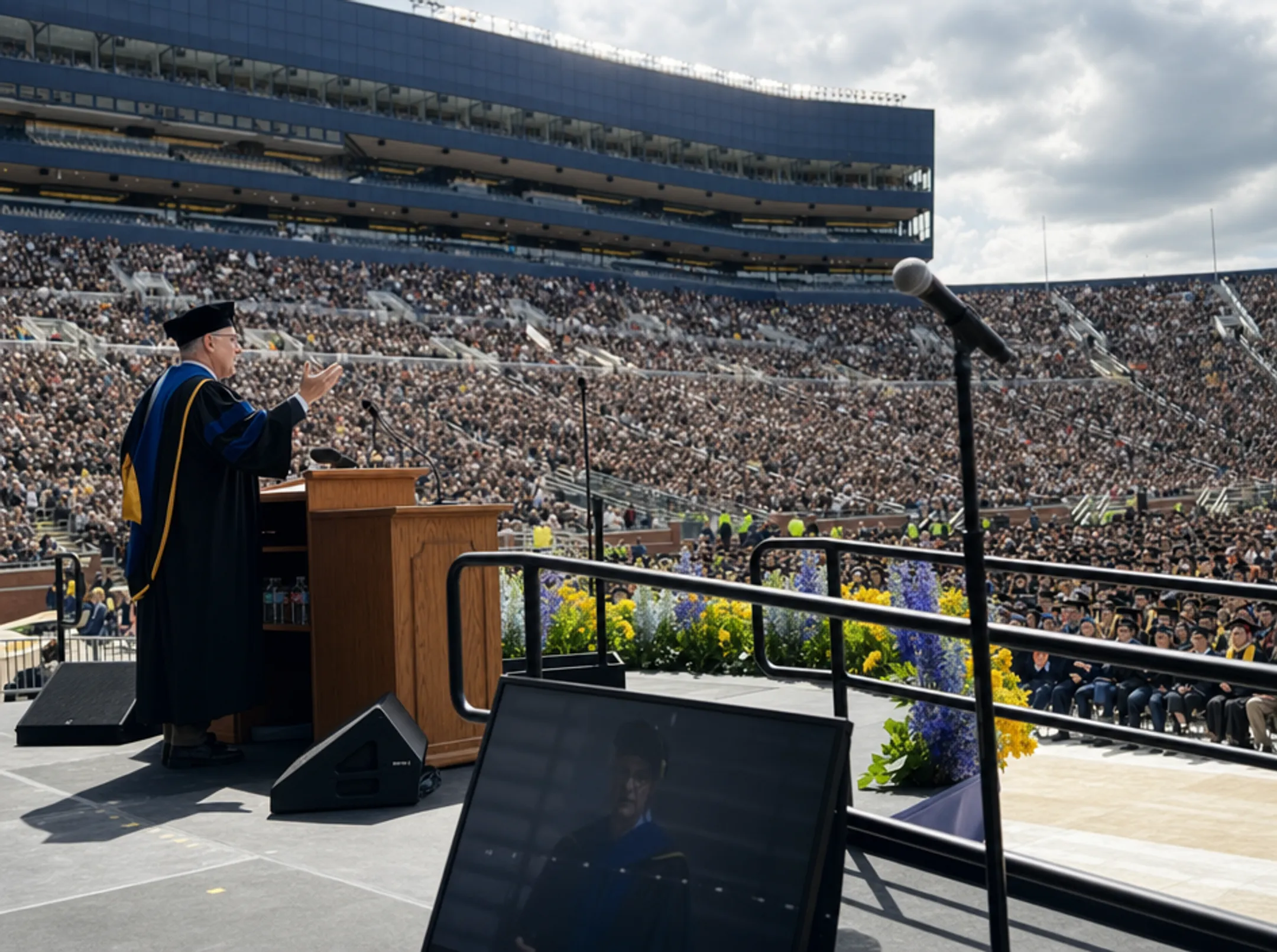 Motivational keynote speaker addressing large graduation ceremony crowd on stage