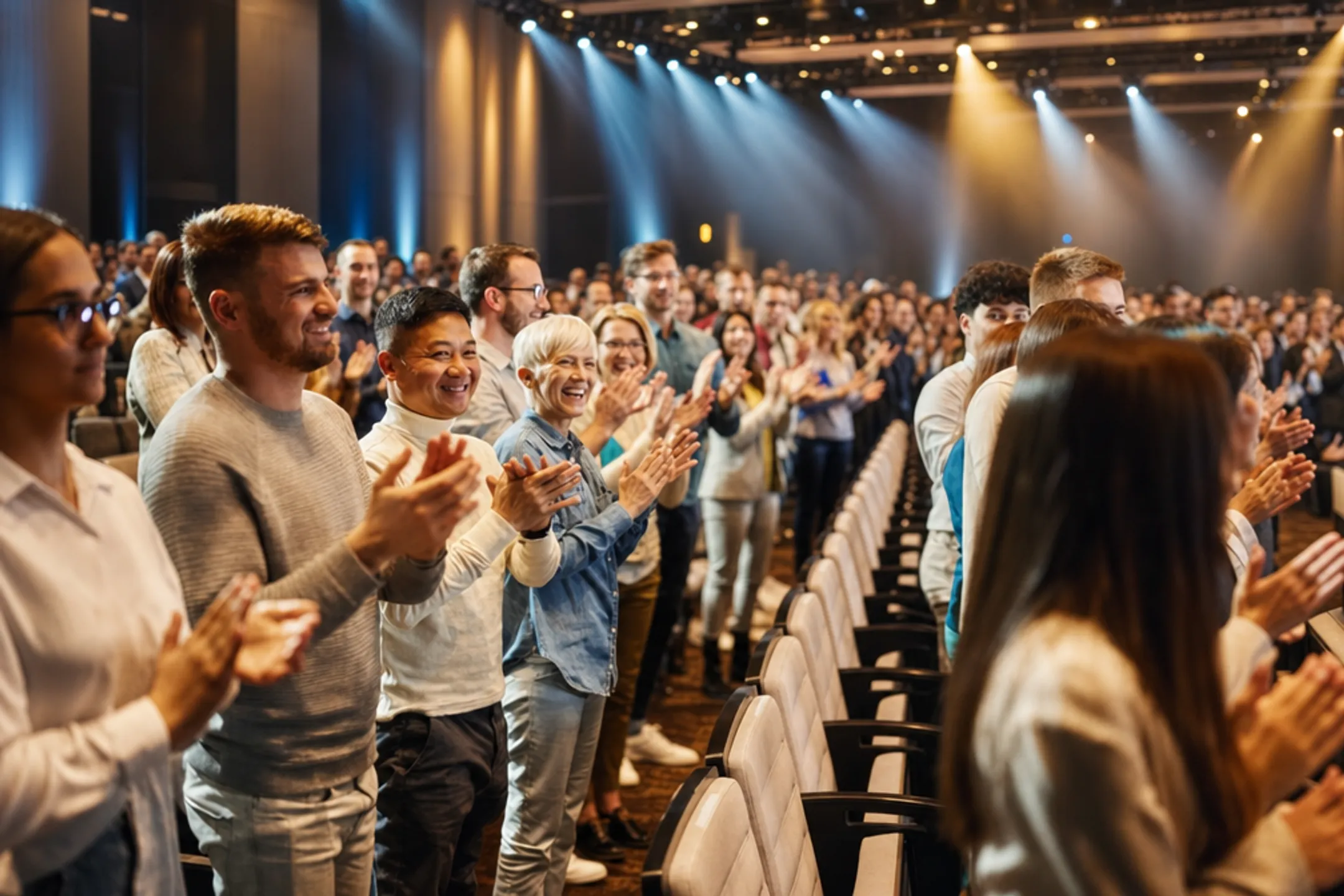 Corporate audience giving standing ovation during keynote presentation