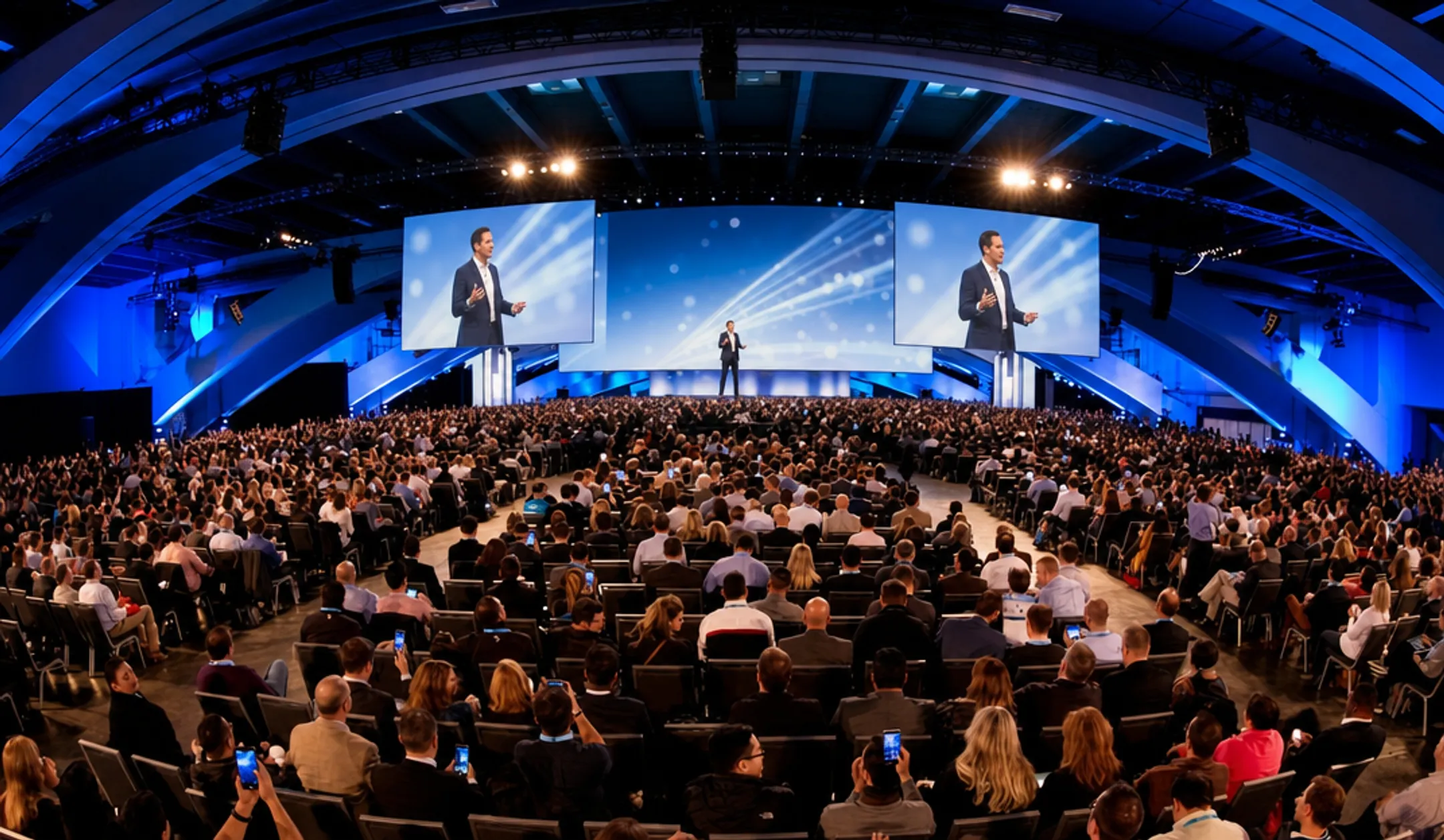 Corporate keynote speaker performing on stage at large business conference