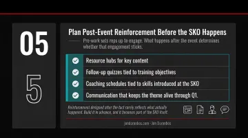 5-step sales kickoff planning process from objectives to post-event reinforcement