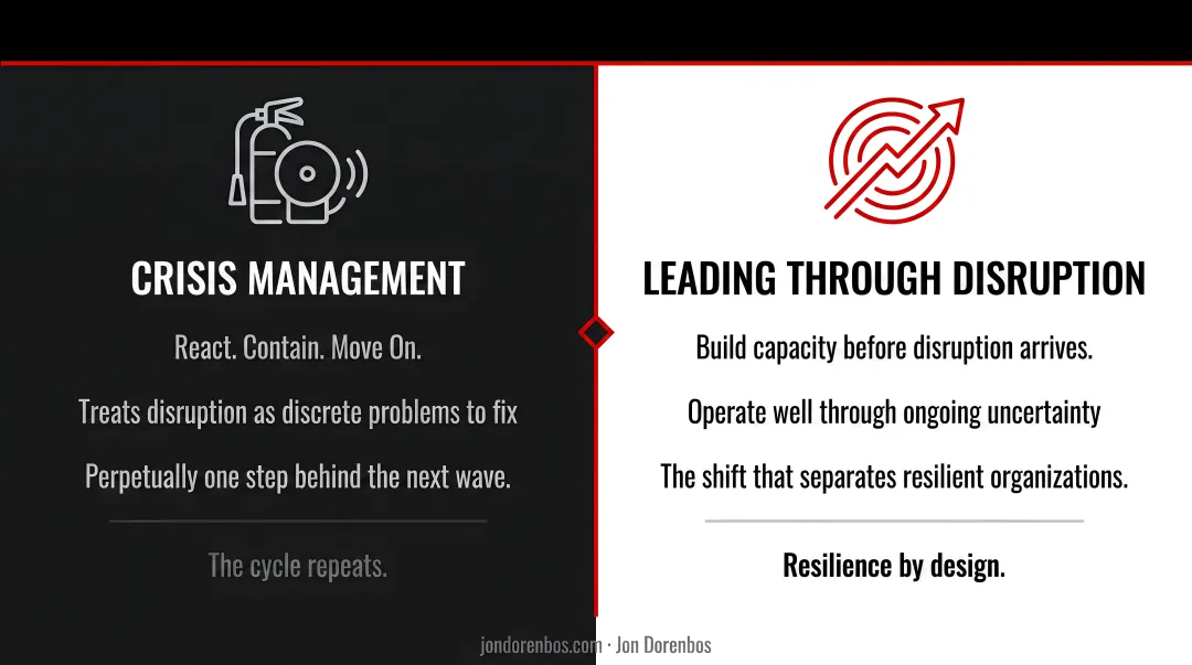 Crisis management versus disruptive leadership comparison infographic showing key differences