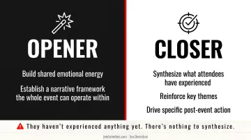 Opening versus closing keynote speaker roles side-by-side comparison infographic