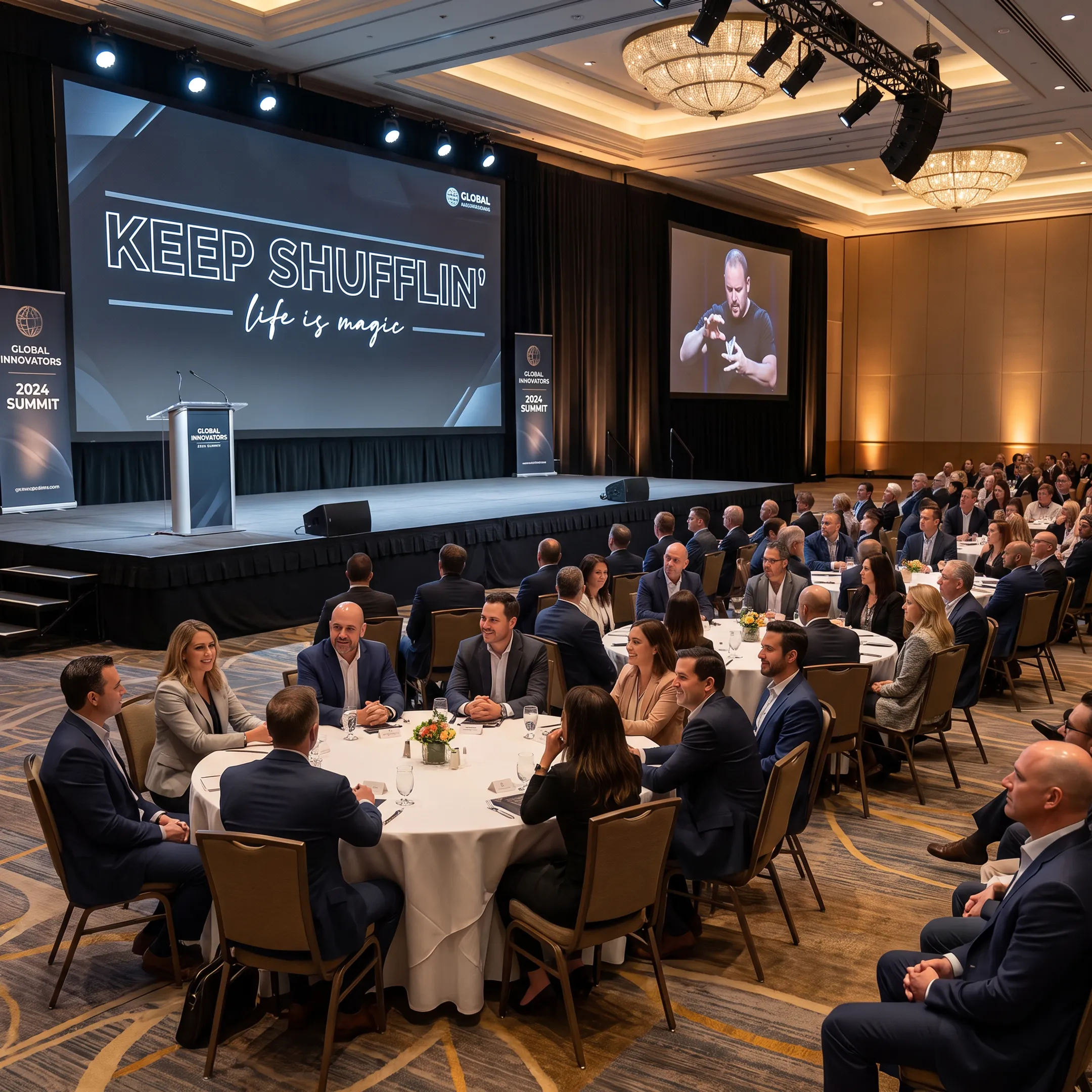 Keynote speaker performing magic for corporate attendees