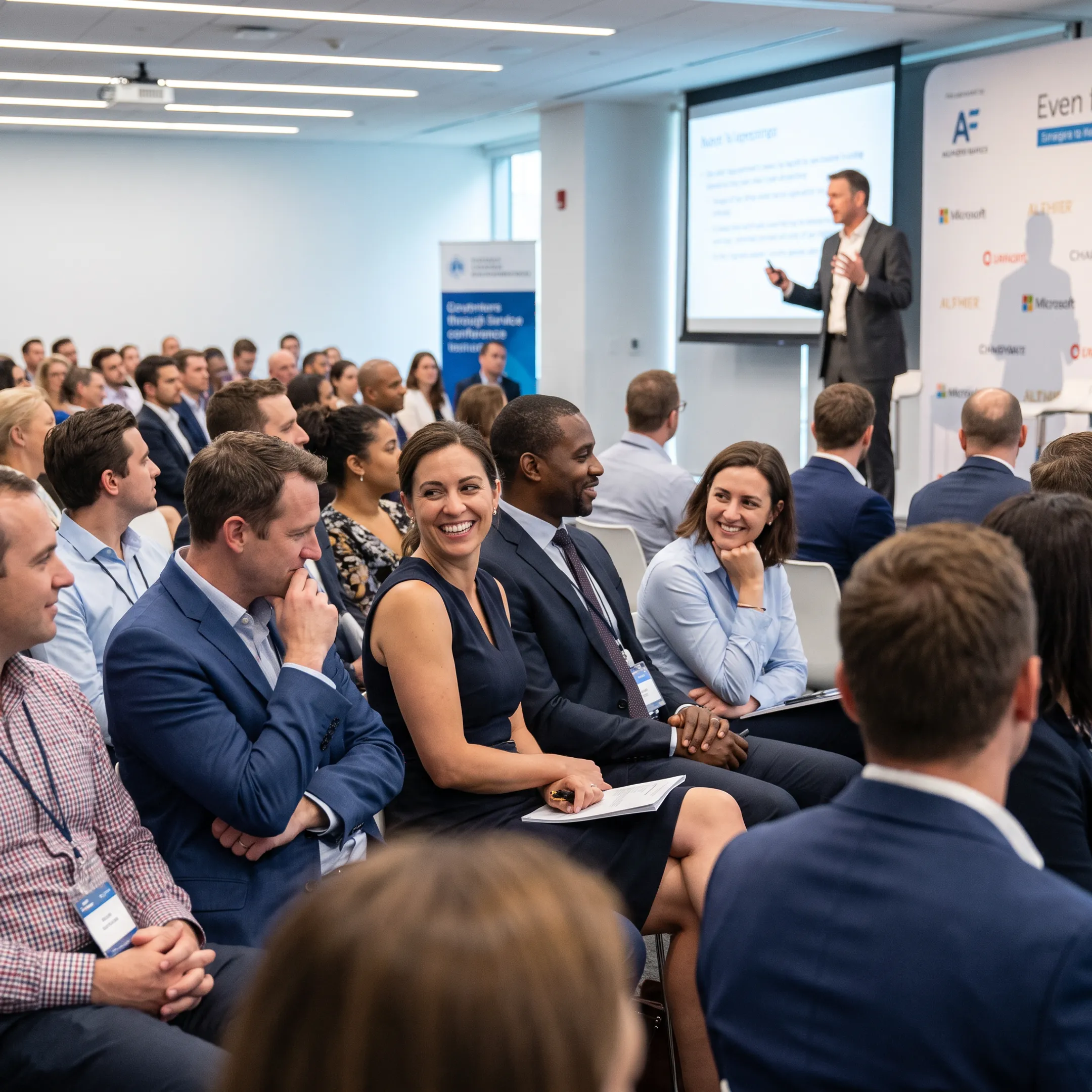 Employees connecting during a keynote presentation