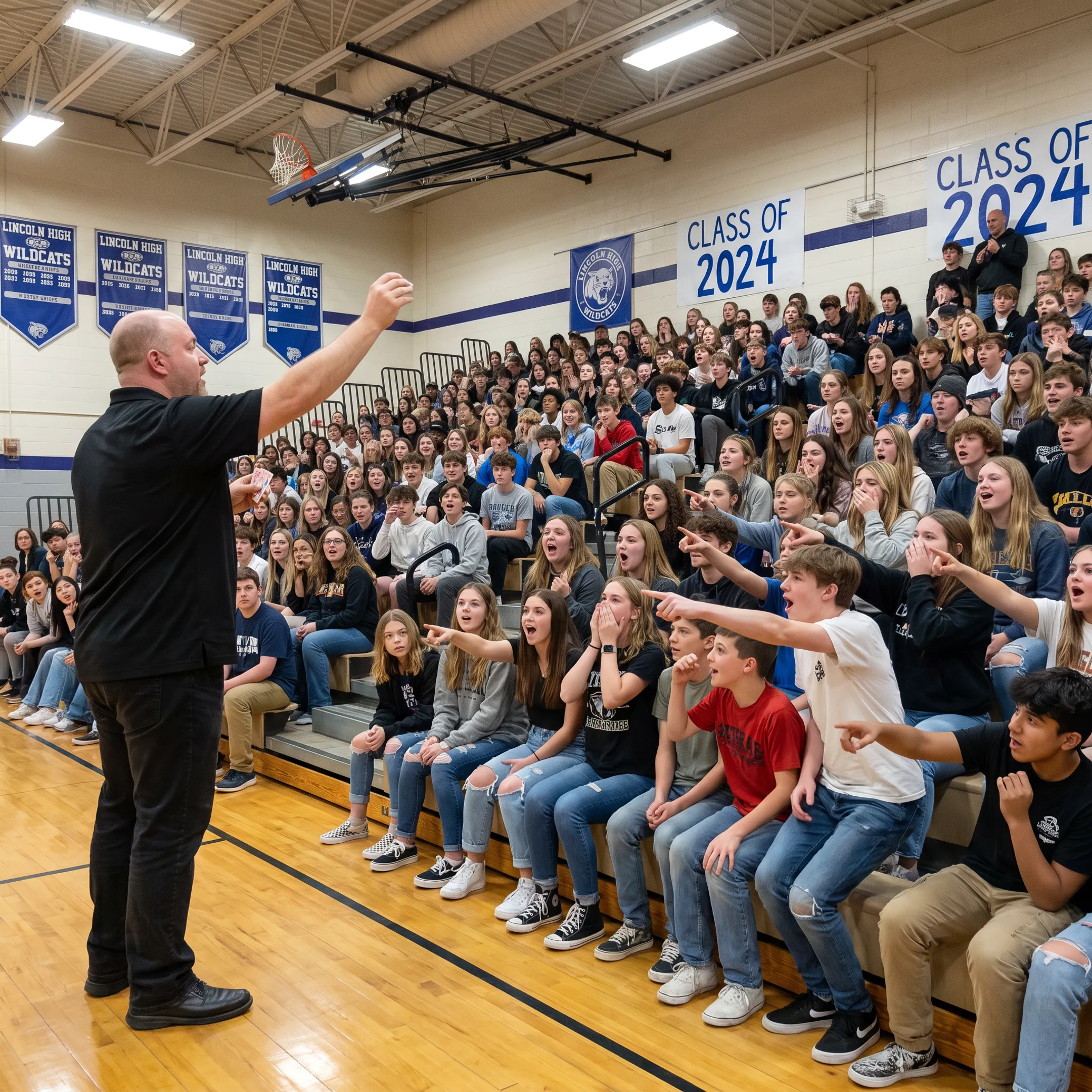 Speaker performing magic during a student assembly