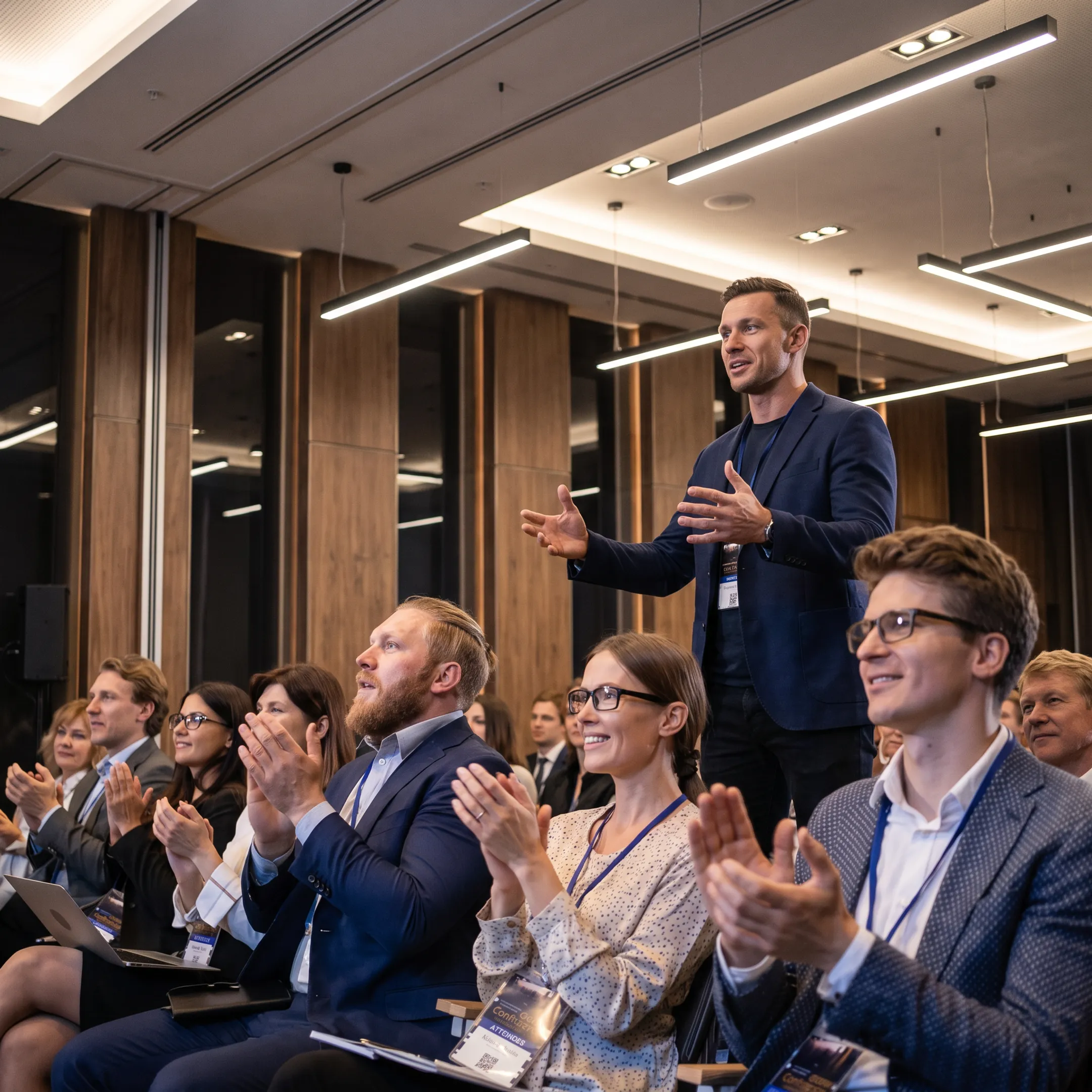 Keynote audience engaged by an athletic speaker